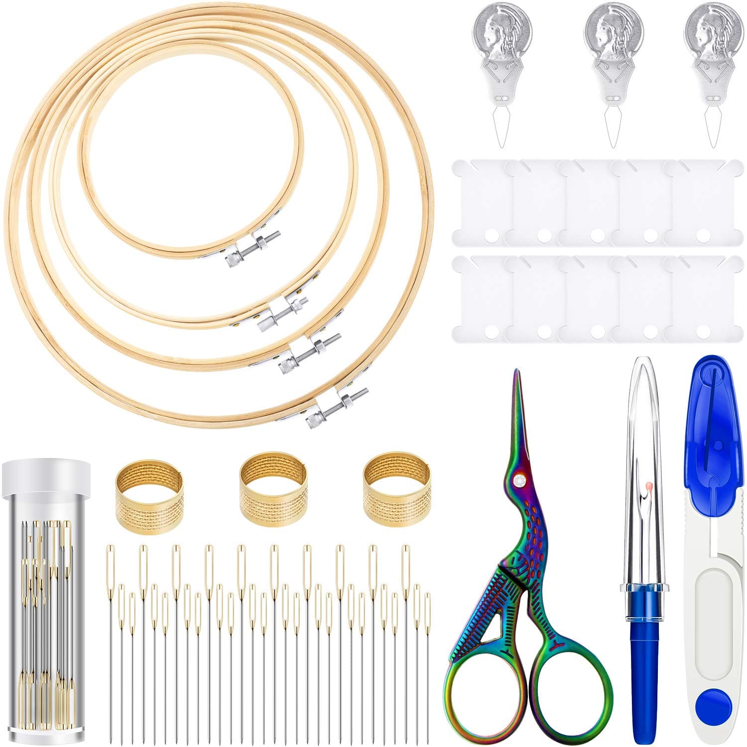 Mudder 53 Pieces Cross Stitch Tool Embroidery Starter Kit Includes Bamboo Circle Cross Stitch Hoop Ring Sewing Scissors Needle Threading Tools Thimbles Floss Bobbins Seam Ripper and Embroidery(Blue)