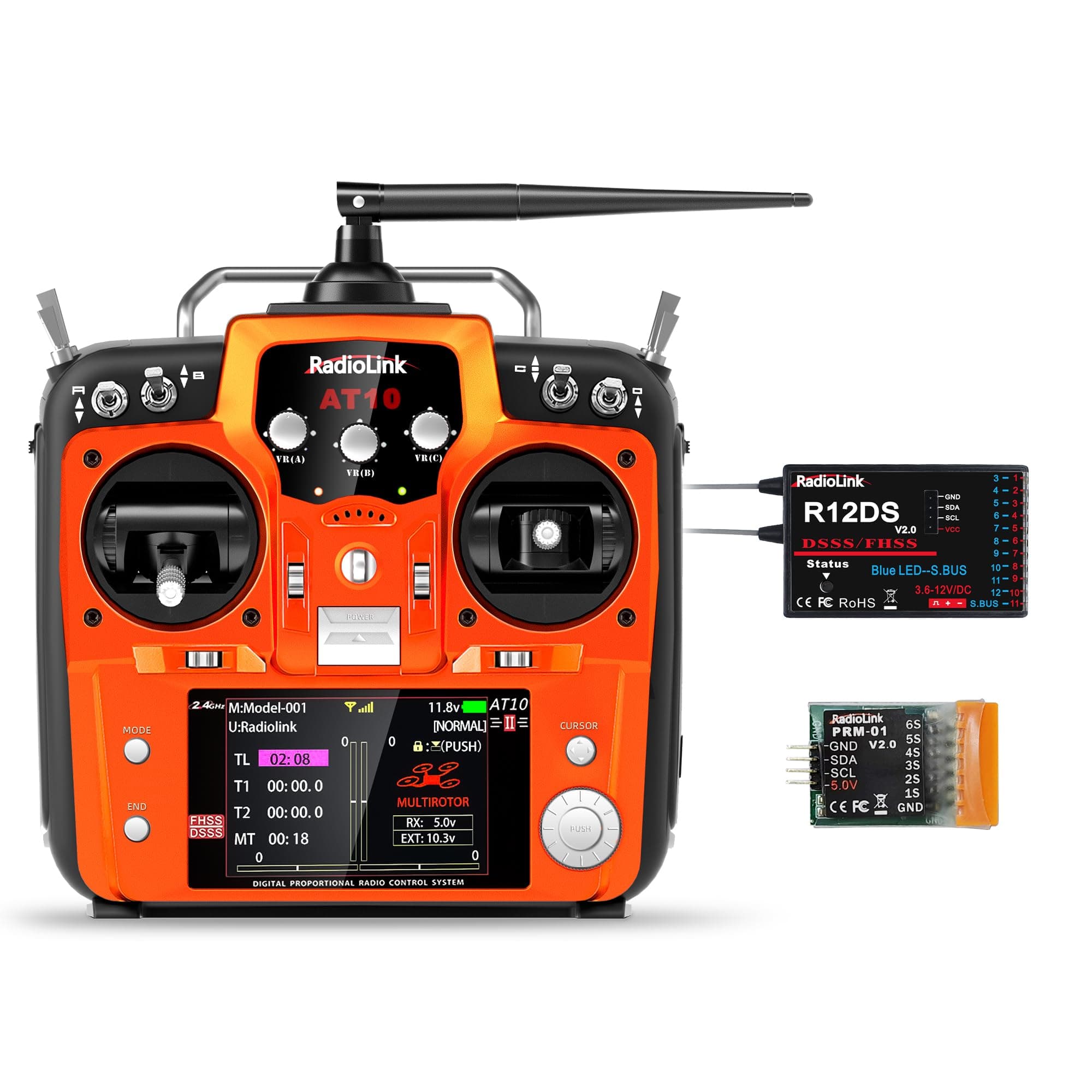 AT10II R12DS 12CH RC Transmitter and Receiver, Remote Control 2.4GHz Voltage Telemetry, Radio Control for RC Aircraft, FPV Racing Drone, Quad, Helicopter (Throttle on the Left, English Menu)