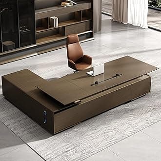 Mid Century Modern Writing Study Desk Executive Desk Wooden Office Desk for Home Office with Storage Cabinets, 2.4m