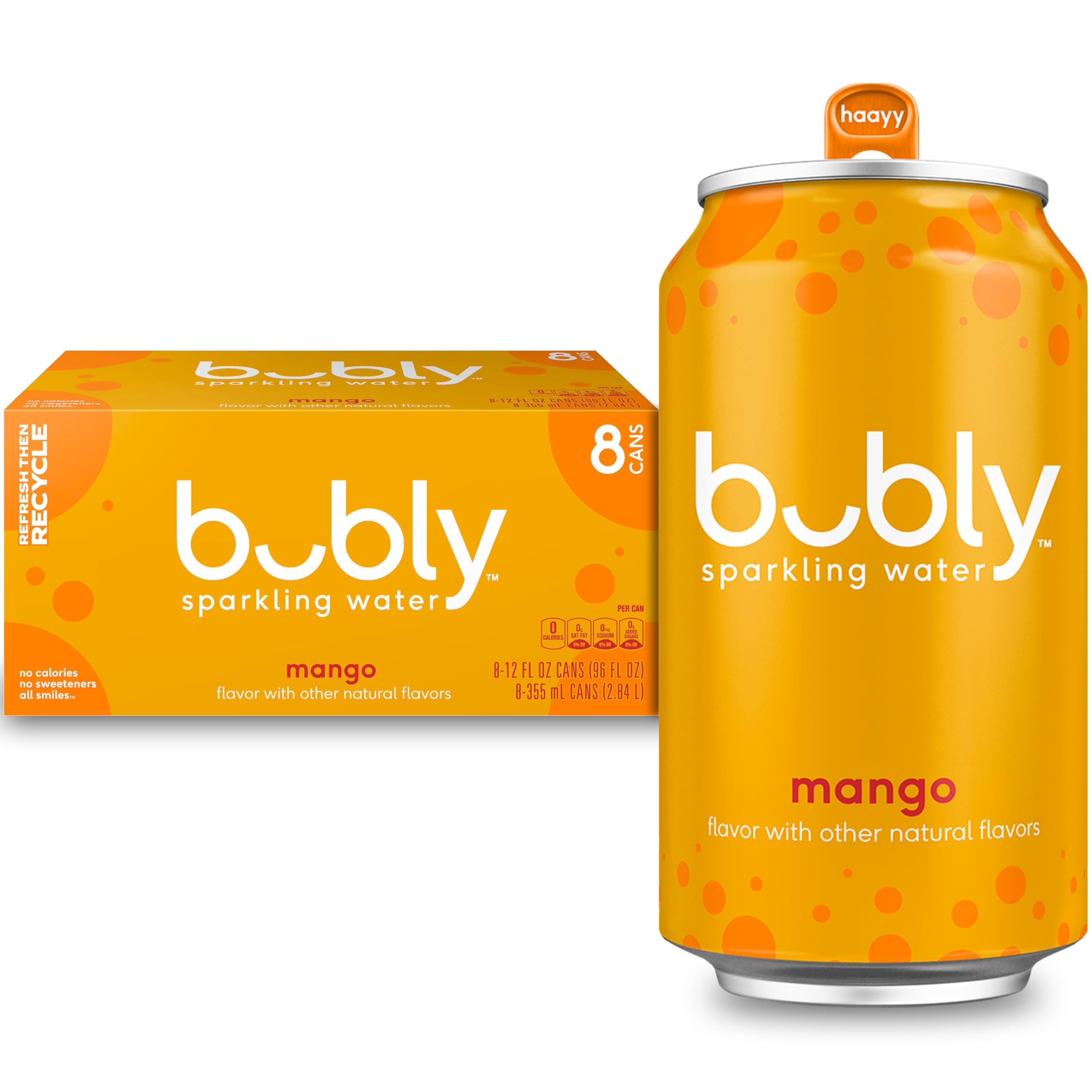 bubly Sparkling Water, Mango, Zero Sugar & Zero Calories, 12 Fl Oz Cans (Pack of 8)
