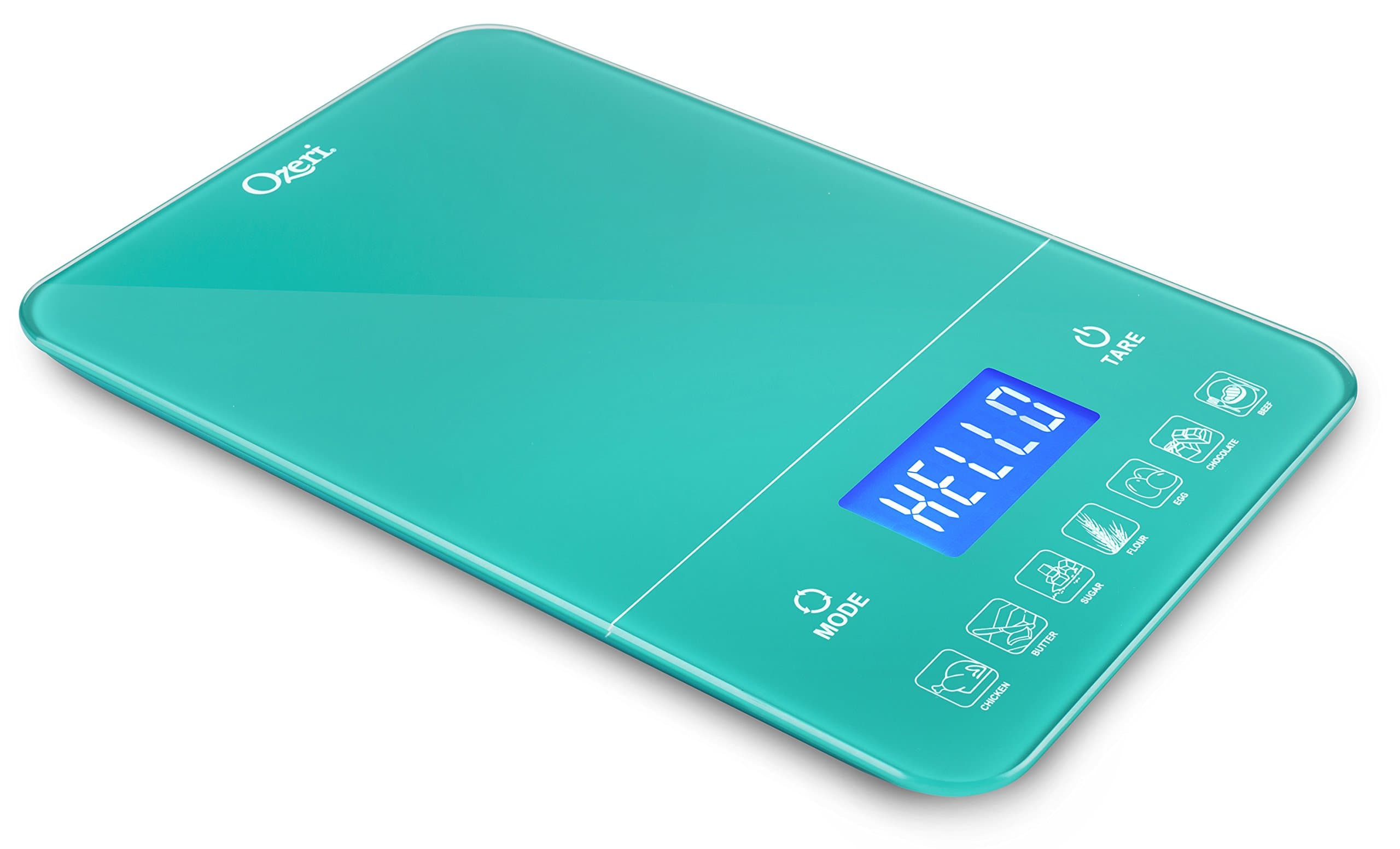 Ozeri Touch III 22 lb (10 kg) Digital Kitchen Scale with Calorie Counter in Tempered Glass, Teal Blue