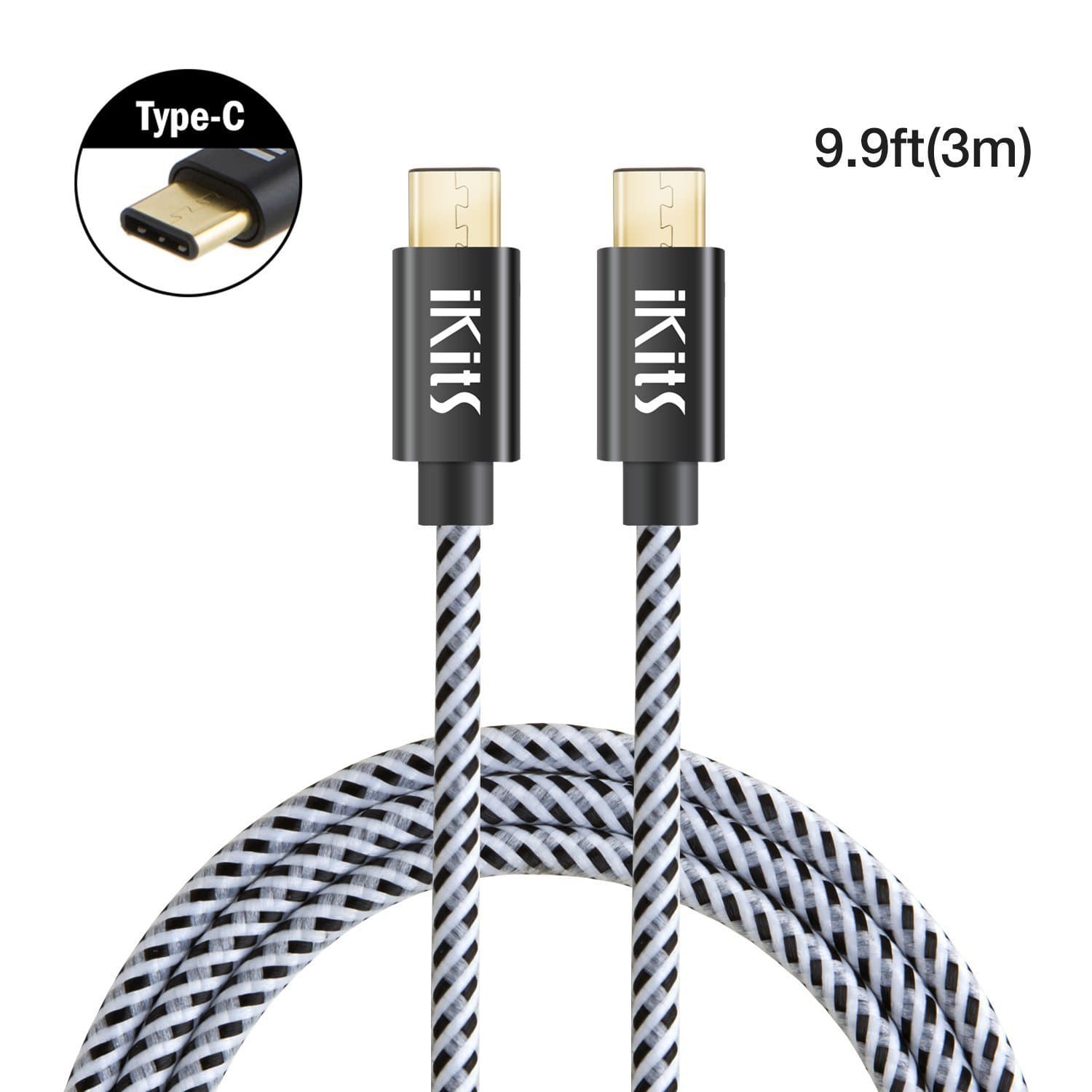 USB Type C Cable 9.8ft, ikits USB C to USB C Male Data Sync Charging Cord Braided High Speed Charger(3A) Compatible with Apple Macbook (Pro),Pixel XL,Galaxy S10+ S9,Nexus 5X 6P, Nintendo Switch & More