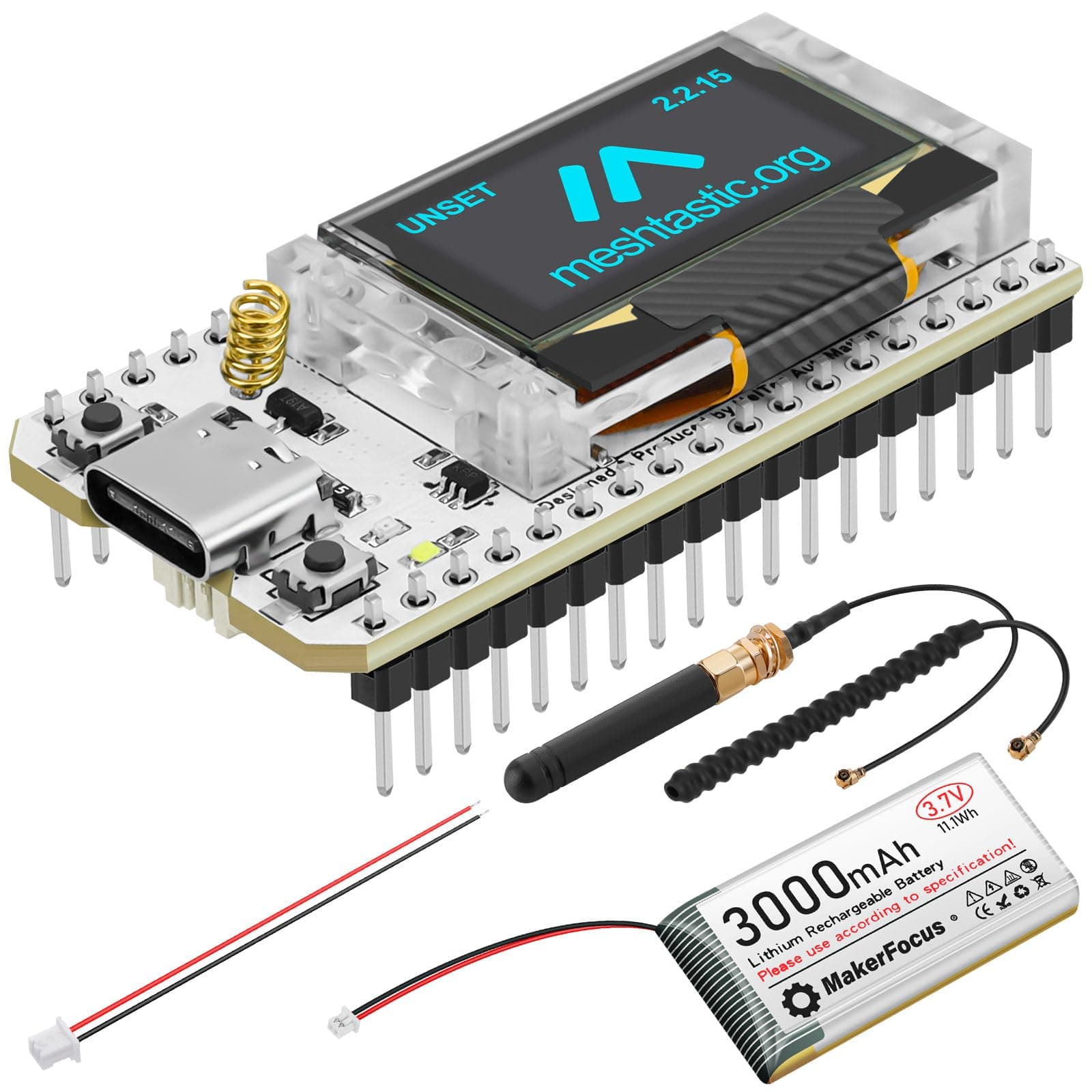 - MakerFocus ESP32 LoRa V3 Development Board with 3000mAh Battery and 915MHz Antenna, Integrated WiFi Bluetooth SX1262 CP2102 0.96-inch OLED Display Type C for Meshtastic IoT Arduino Intelligent Scene