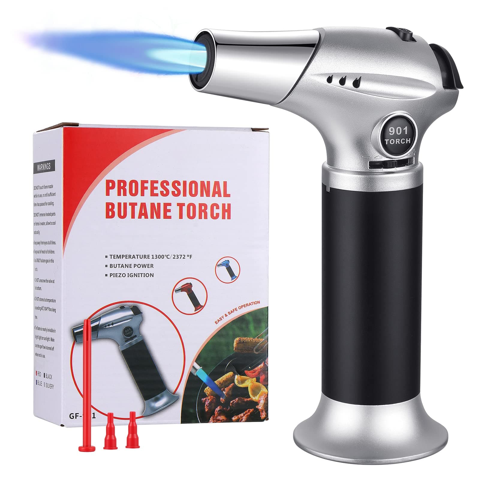 Butane Torch, Culinary Kitchen Torch Lighter Refillable Cooking Torch Blow Torch with Safety Lock and Adjustable Flame Butane Lighter for Creme Brulee, BBQ, Baking, Desserts (Butane Gas Not Included)