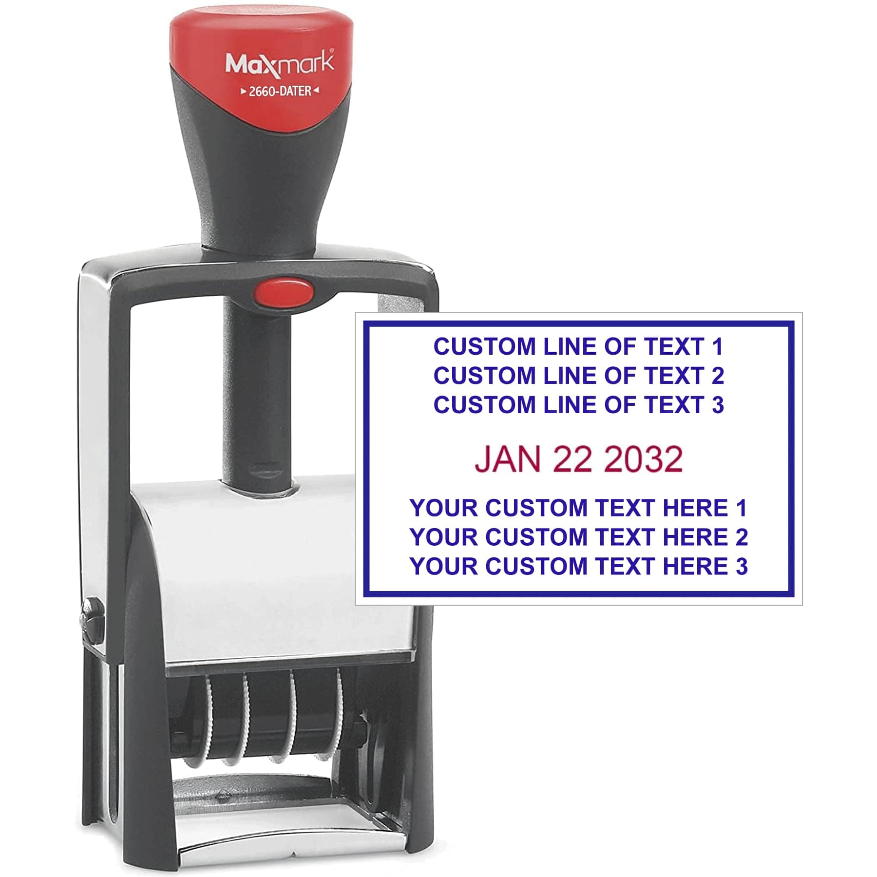 MaxMark Heavy Duty Date Stamp with 6-Line Custom Text, Self Inking Date Stamp - 2660 - Choose from Many Font and Color Options