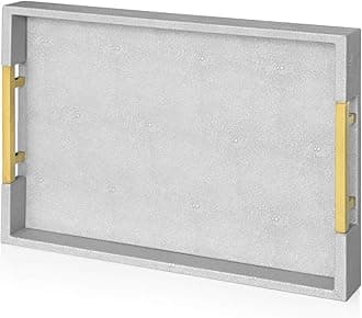 Modern Elegant Coffee Table, 45.7 x 30.5 cm, Rectangular, Grey, Glossy, Serving Tray with Gold Polished Metal Handles, Redefined for All Occasions