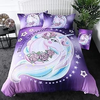 Sleepwish Unicorn Bed Set Purple Aqua Unicorn Bedding Set for Girls King Size Kids Rose Unicorn Flower Duvet Cover 3 Piece Dreamy Cartoon Sparkle Lilac Unicorn Bedspread