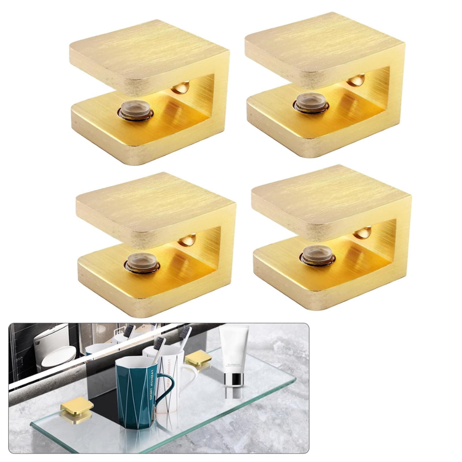4 Pcs Adjustable Glass Shelf Brackets, Solid Brass Glass Clamp No-Drill Glass Holder Clip Support for 8mm - 10mm Thickness Glass (Brushed Brass)