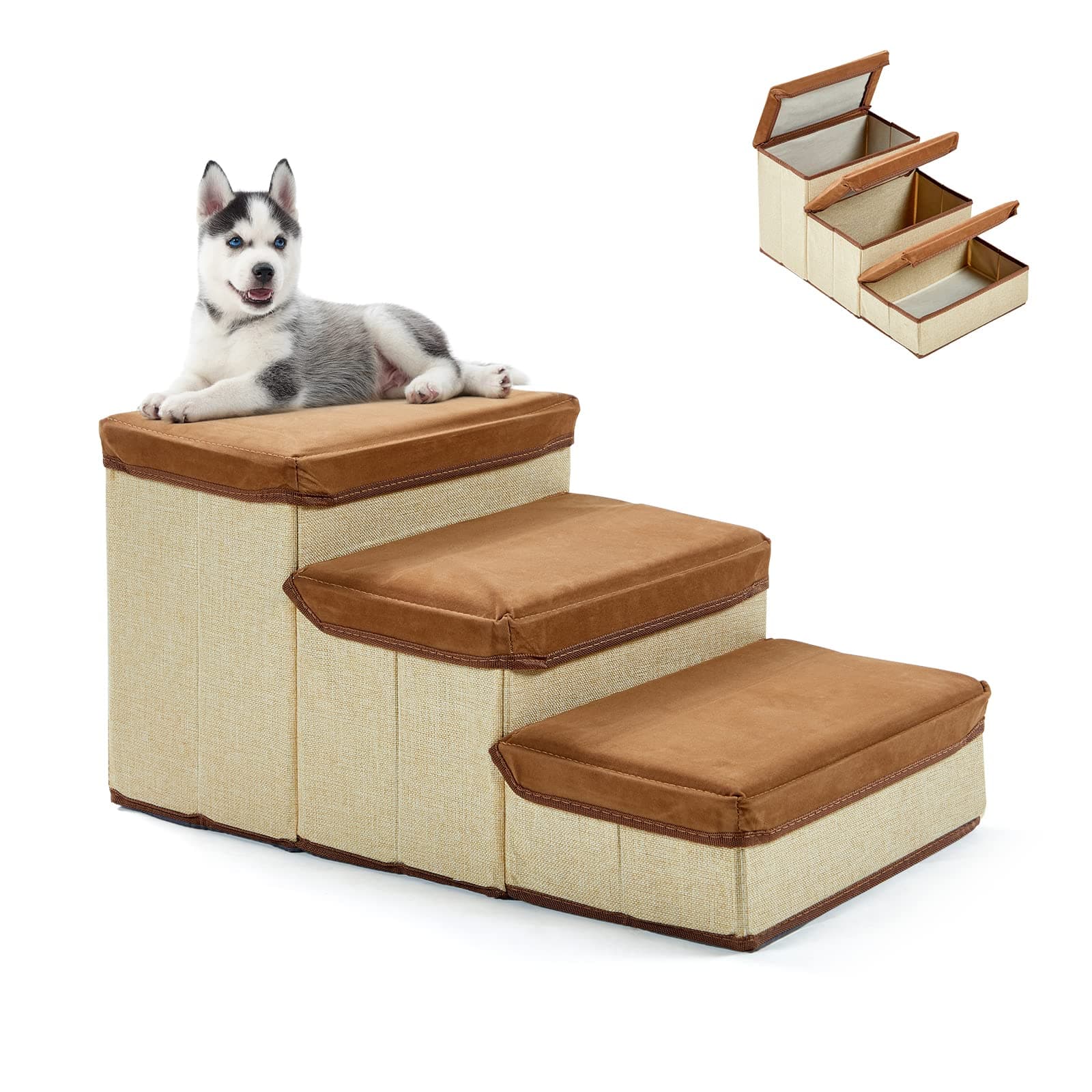 INRLKIT 3-Tier Folding Dog Steps for Couch, Sofa, Pet Storage Stepper for Puppies, Cats- Foldable Multi Tier Pet Stairs -can Hold up to 20lbs, Brown