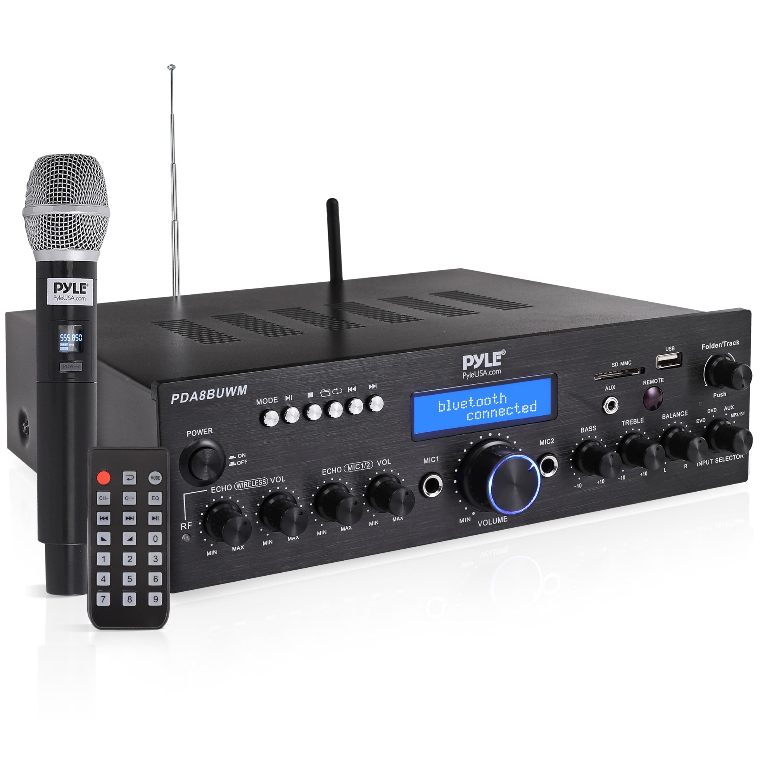 Pyle Wireless Microphone Bluetooth Amplifier-200W Peak Power Dual Channel Stereo Audio Receiver w/USB,AUX in, Dual Mic Inputs w/Echo Control,RCA Input, For Karaoke,Home Theater,Music Studio- PDA8BUWM
