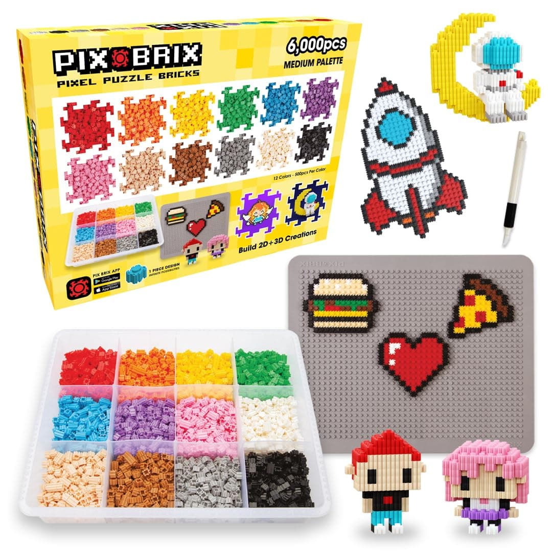 Pix Brix Pixel Art kit Puzzle Bricks - 6,000 Piece Pixel Art Container, 12 Color Medium Palette - Interlocking Building Bricks, Create 2D and 3D Builds Without Water or Glue - Stem Toys, Ages 6 Plus