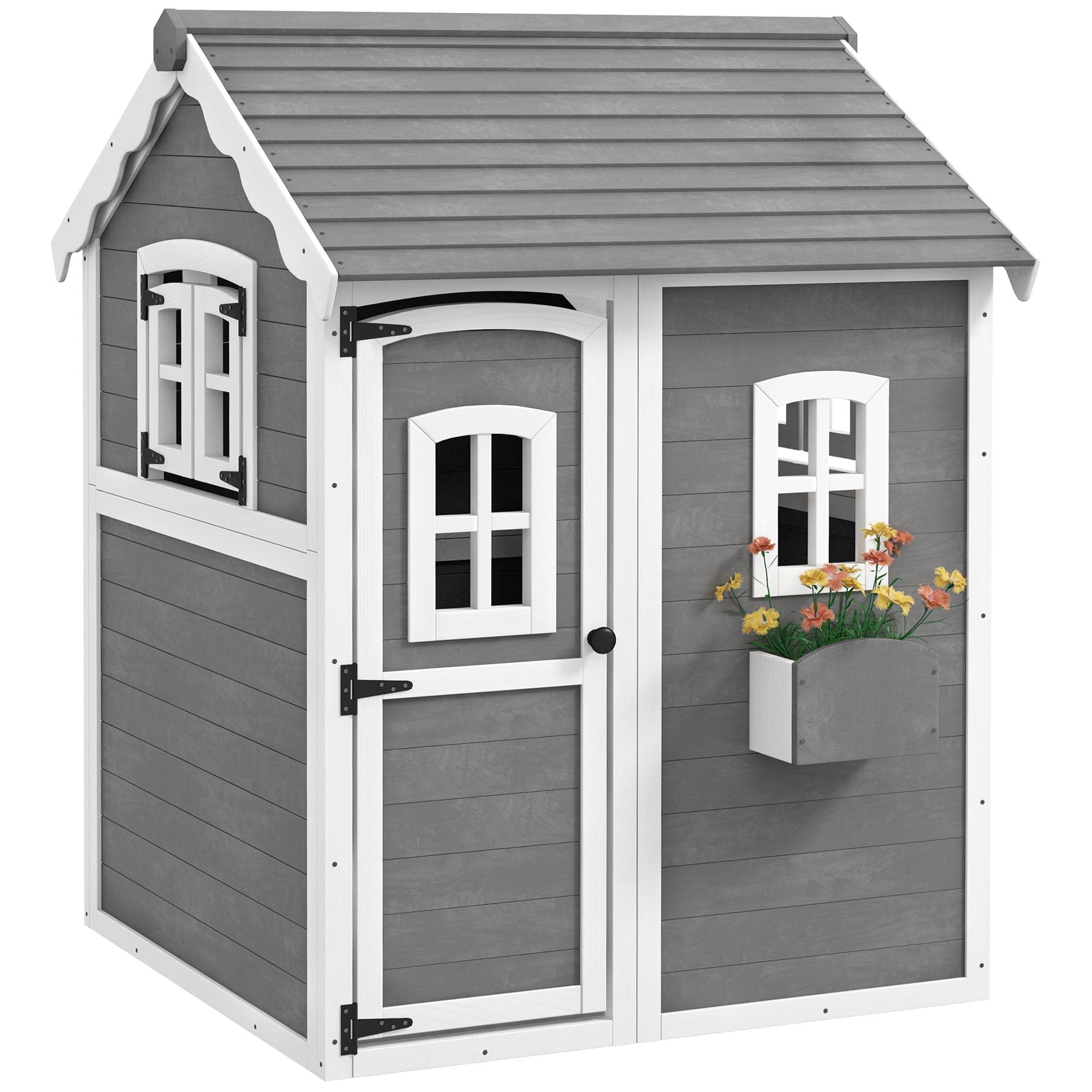 Playhouse for Kids, Outdoor Wooden Playhouse with Floor, Door, Windows & Planter Box for 3-8 Year Olds, Backyard, Lawn, Garden, Gray