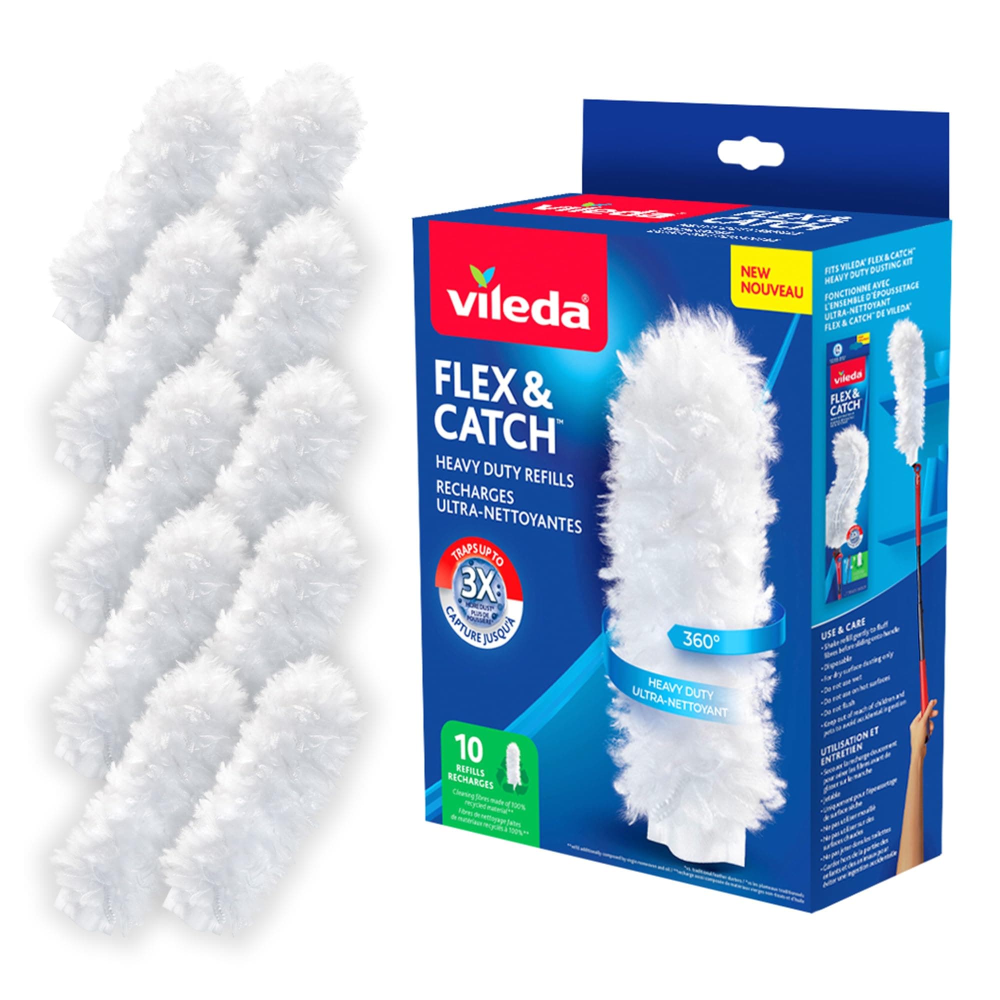 Vileda Flex & Catch Heavy Duty Duster Refills (10 Count) | Disposable Duster Refill with Cleaning Fibres Made of 100% Recycled Materials | Traps 3X More Dust Than Traditional Feather Duster