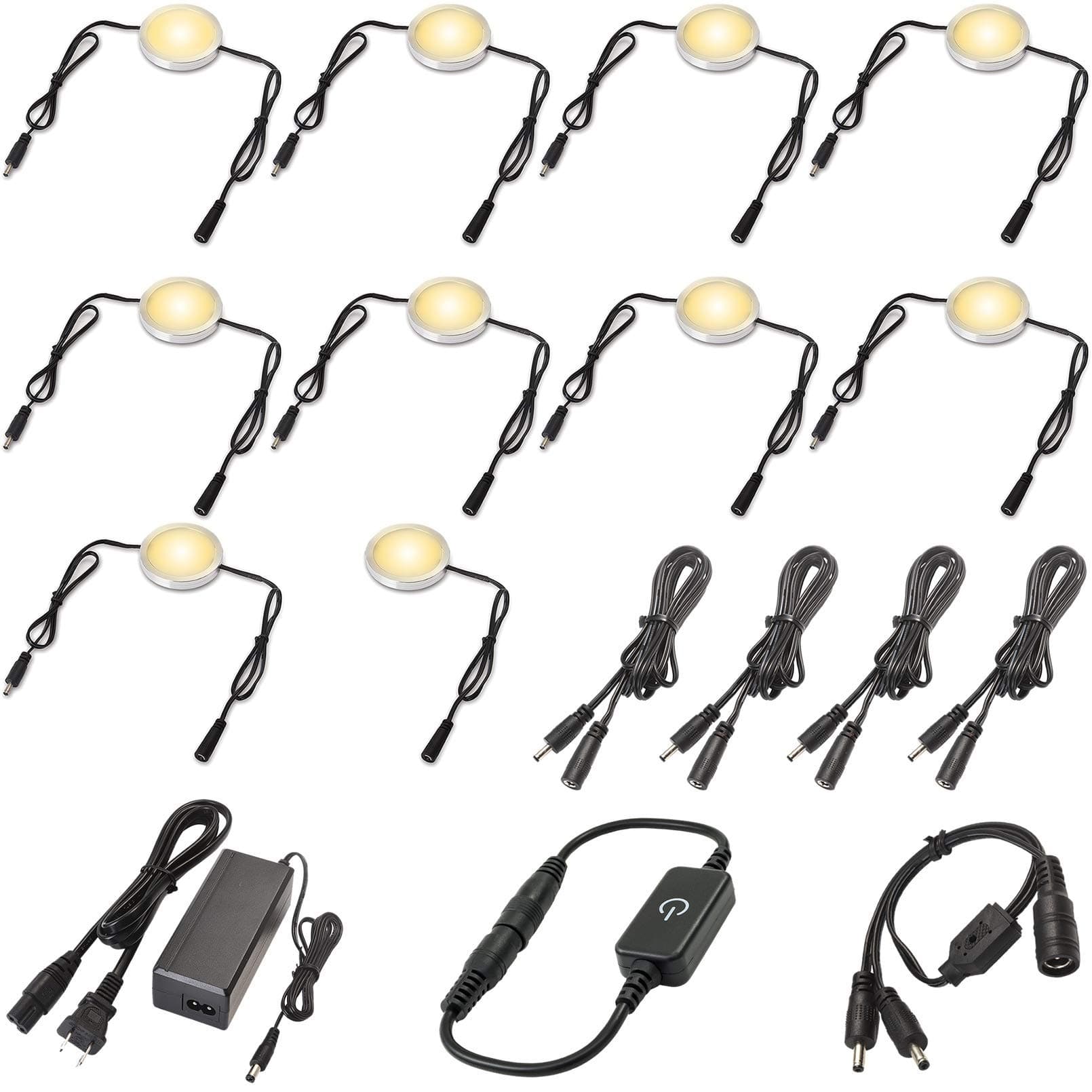Under Counter Lighting, 120 Volt Plug in Cabinet Light Kit, Touch Dimmable, Daisy Chained Linkable LED Puck Lights, 2.4 in Round Puck, Dual Split, Black Cord, 10 Lights, Warm White 2700K