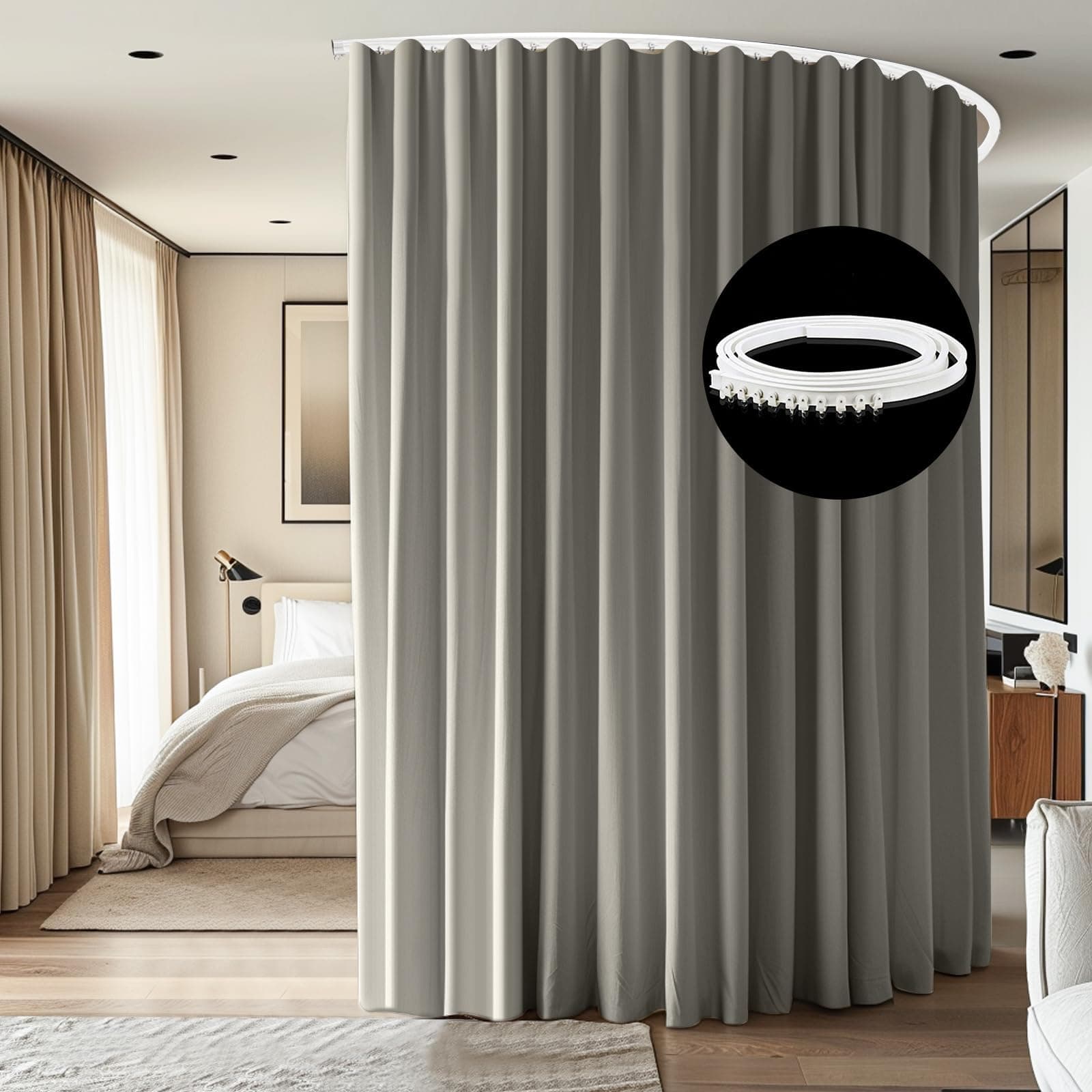 Room Divider Ceiling Mounted Curtains Track Sets Extra Wide Blackout Curtain Flexible Tracks for Bedroom Privacy Partition Separator, 1 Panel Light Grey Drape and White Rail, W12.5 x H9ft