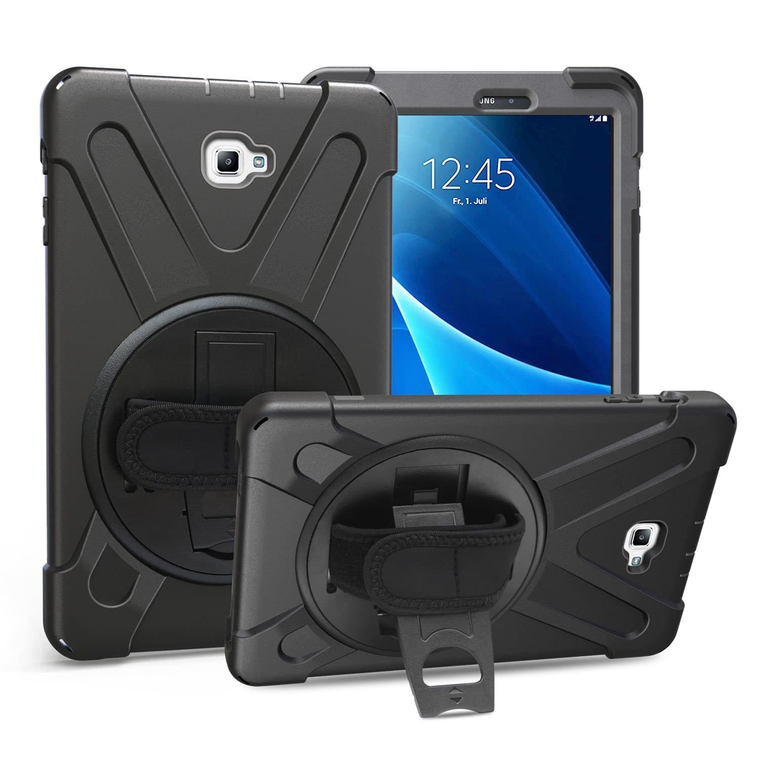 Samsung Galaxy Tab A 10.1 Case 2016, Heavy Duty Rugged Full-Body Hybrid Shockproof Drop Protection Cover With Kickstand and Hand Strap for Galaxy Tab A 10.1 Inch Tablet SM-T580 / T585 (Black)
