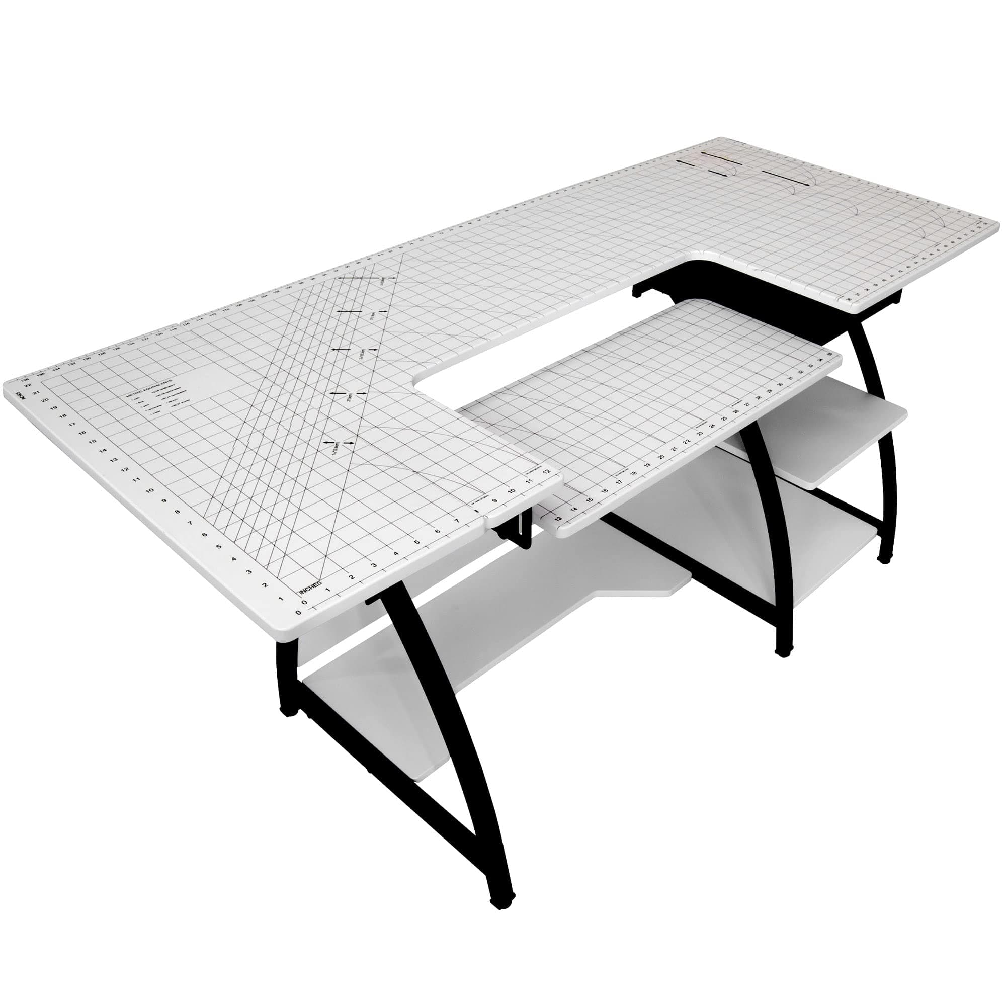 Sewing Online Large Sewing Table with Gridded White Top and Storage Shelves plus Black Drawer and Legs - Quilting Cutting Table with Adjustable Sewing Machine Platform and Drop Leaf Extension 13336