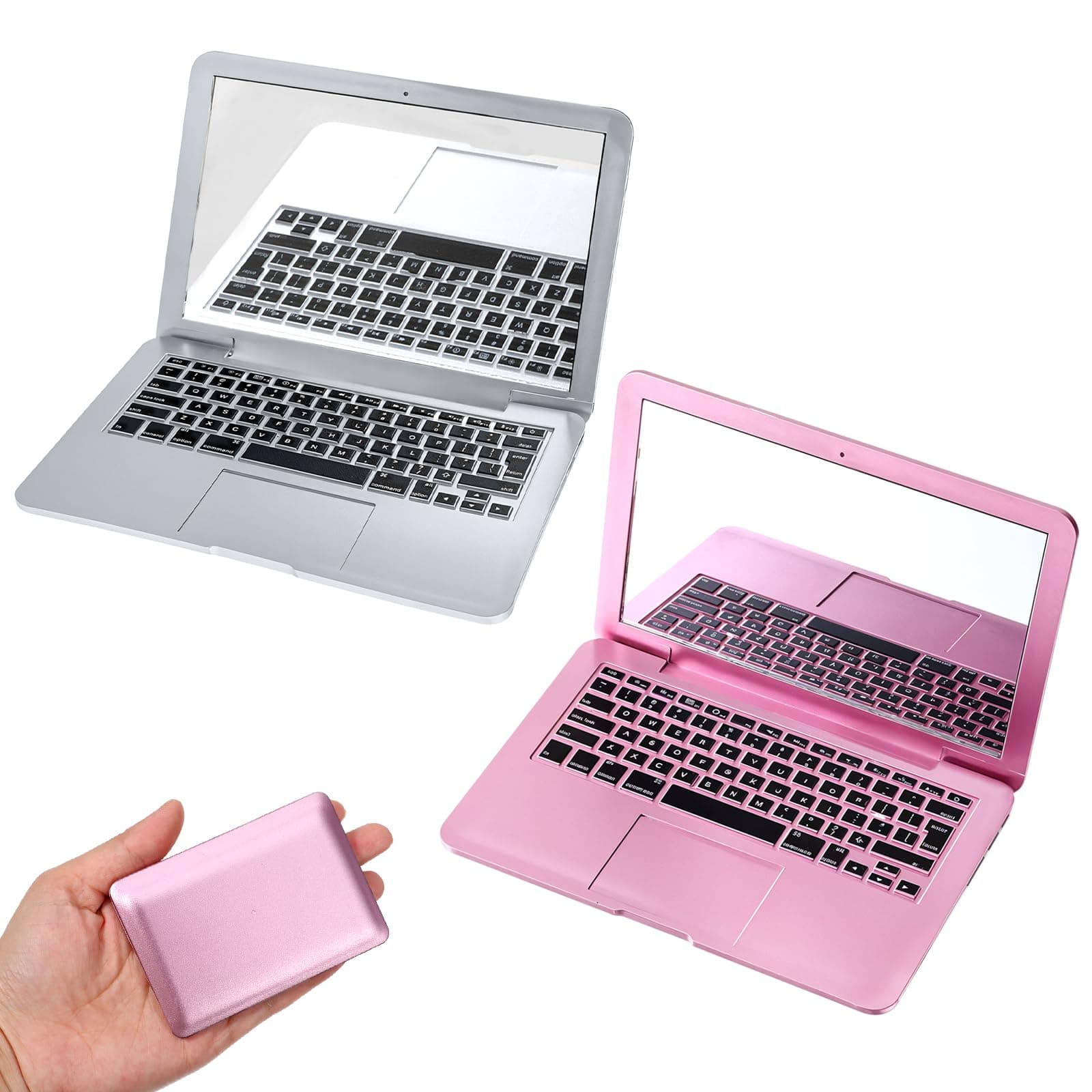 Mini Laptop Mirror, 2 Pcs Mini Compact Mirror Pocket Size Laptop Shaped Makeup Mirrors Portable Small Folding Computer Mirrors for Travel Home Makeup Decoration Dollhouse Pet (Silver, Rose Gold)