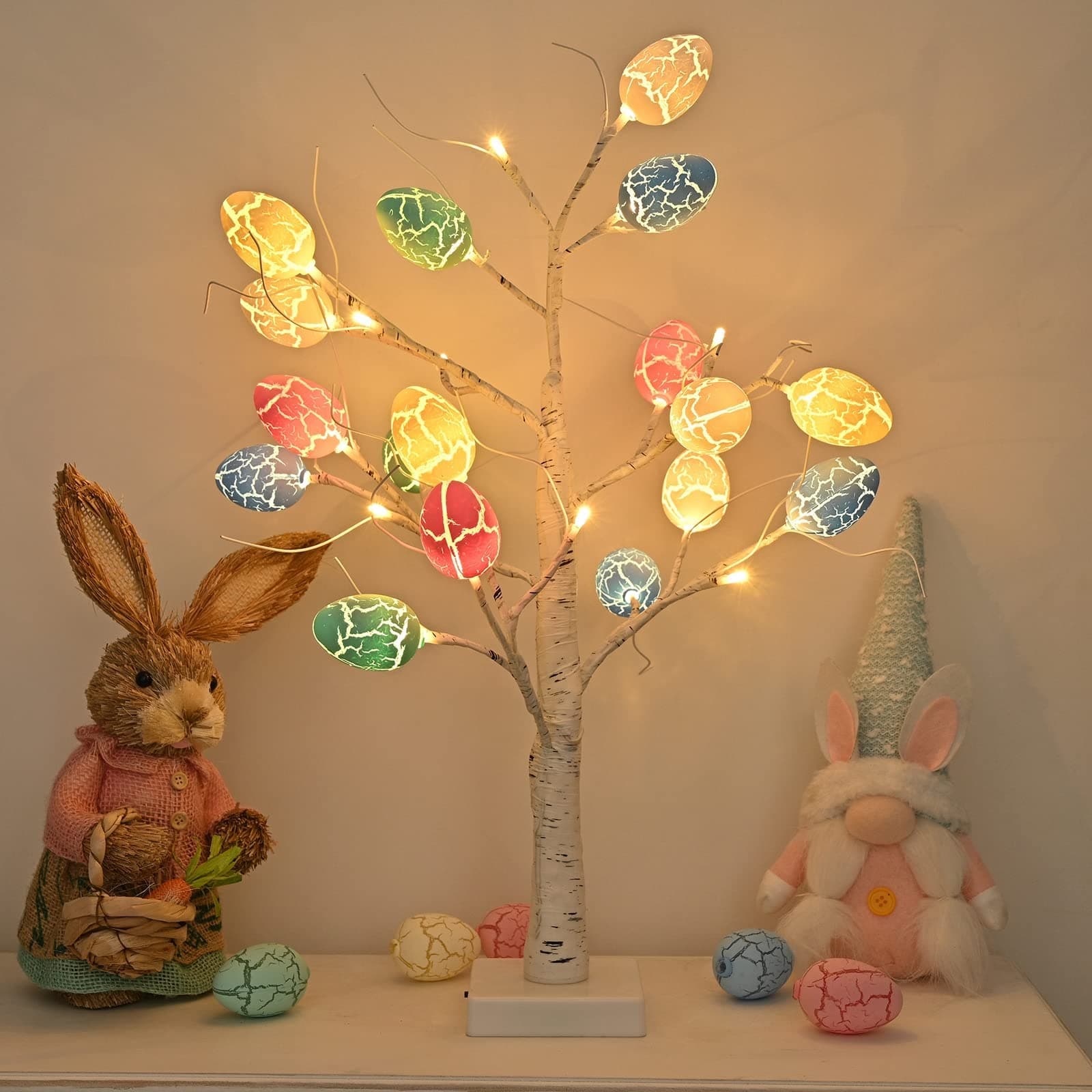 Easter Decorations kemooie 24 inch Pre-lit White Birch Tree with 24pcs Easter Egg Ornaments, 24 Led Lights Battery Operated Table Centerpiece for Party Birthday Home Spring Decoration Indoor Use