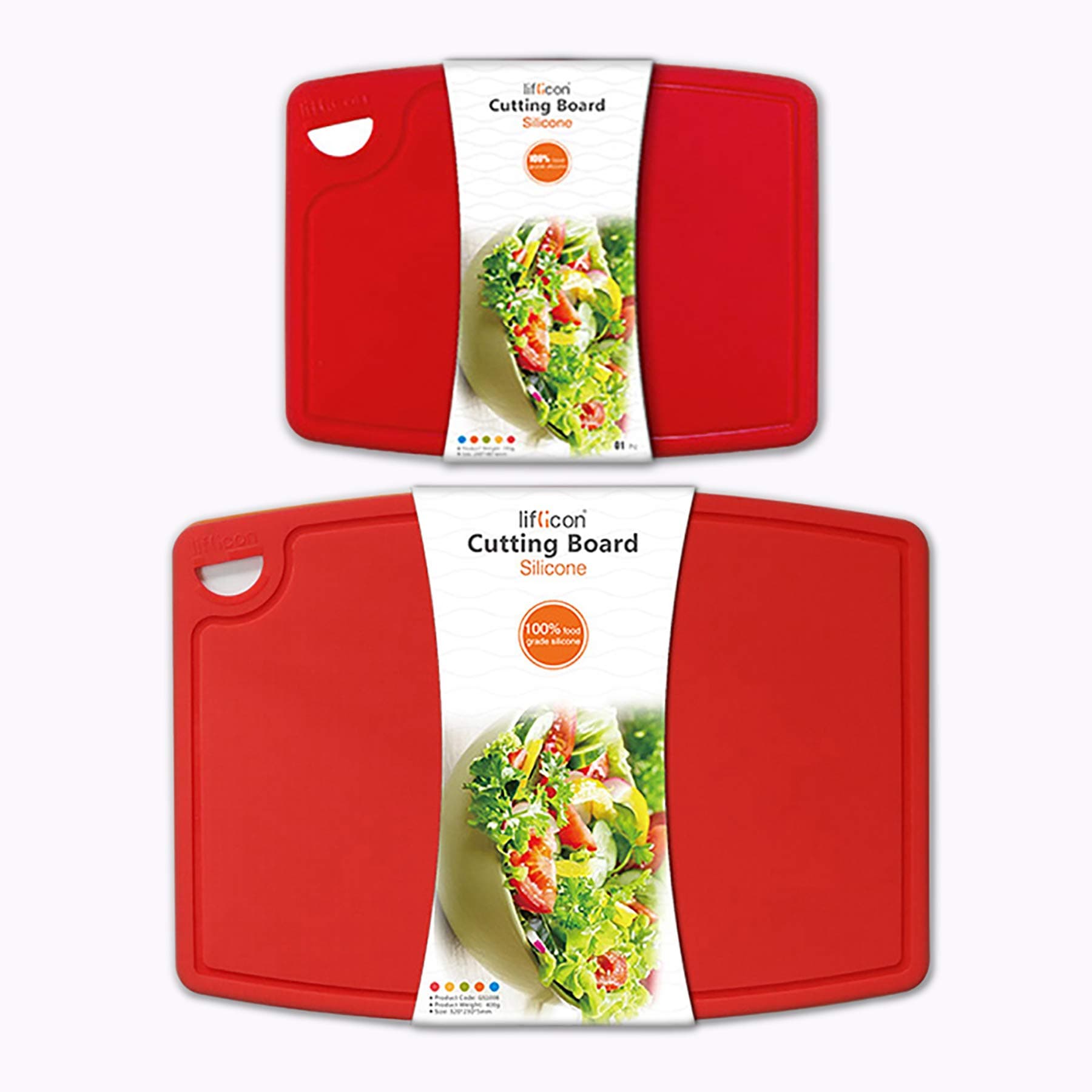 Liflicon Thick Cutting Boards for Kitchen Silicone Chopping Board Set of 2 Mid 12.6'' x 9.1”,Mini 9.1”x7.1” Non-slip Deep Drip Juice Groove Easy Grip Handle,Dishwasher Safe-Red