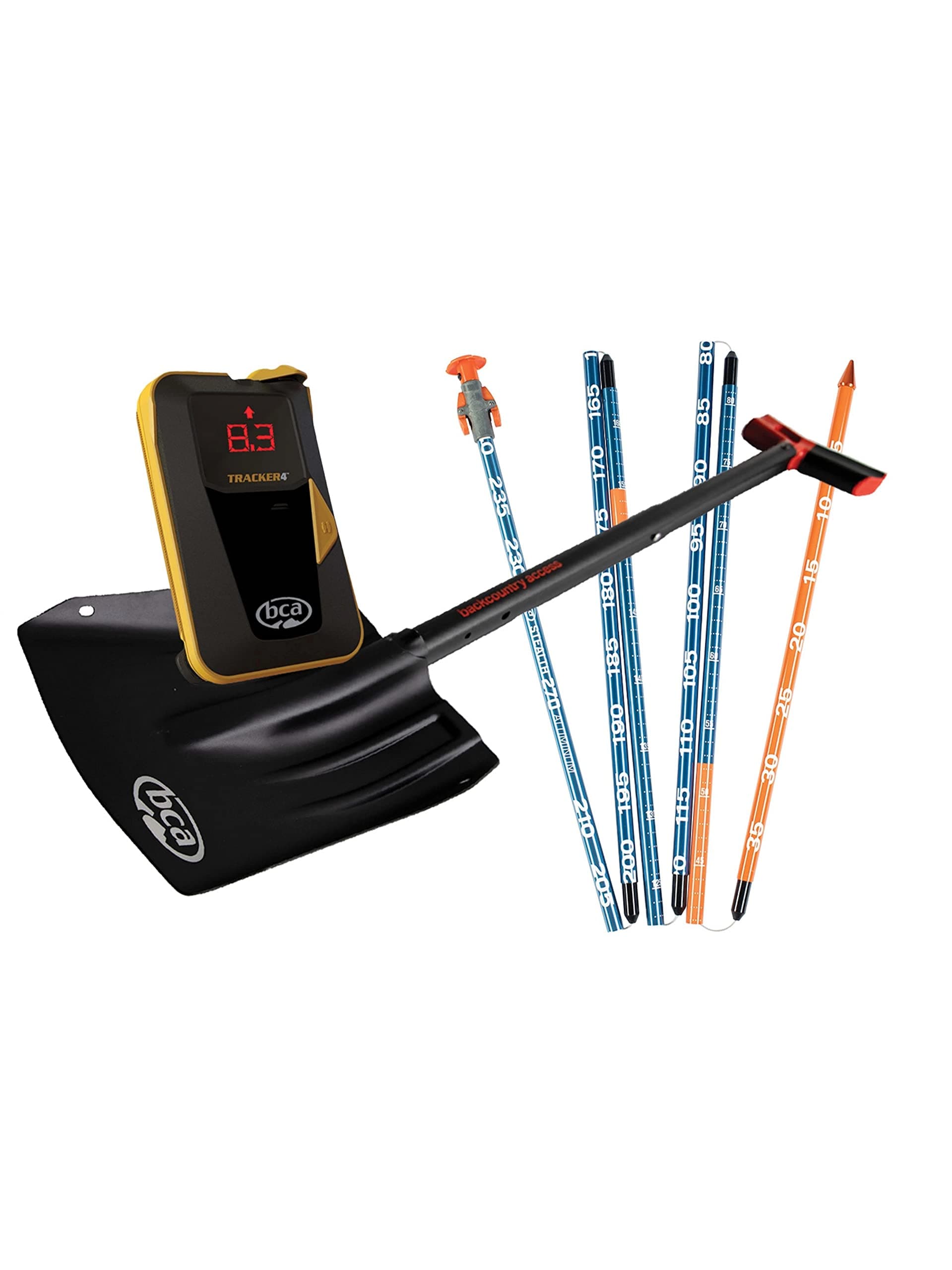 BCA Backcountry Access T4 Turbo Avalanche Beacon Kit Rescue Package - Includes The Tracker 4 Transceiver, 300 Centimeter Avalanche Probe, and Shovel with Saw.