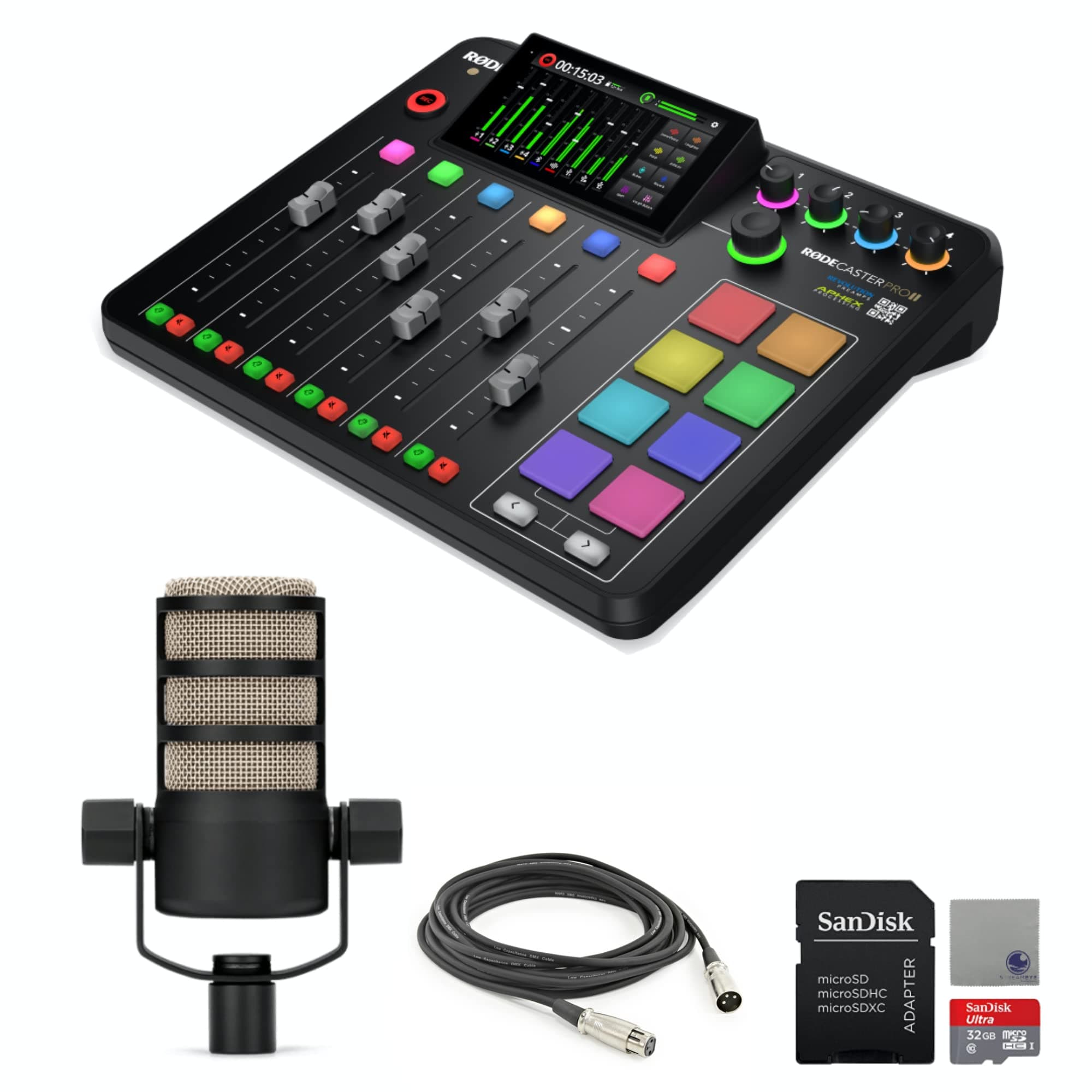 Rode RODECaster Pro II Audio Production Console with Rode PodMic Dynamic Podcasting Microphone, 32GB microSD Card, XLR Cable and StreamEye Polishing Cloth
