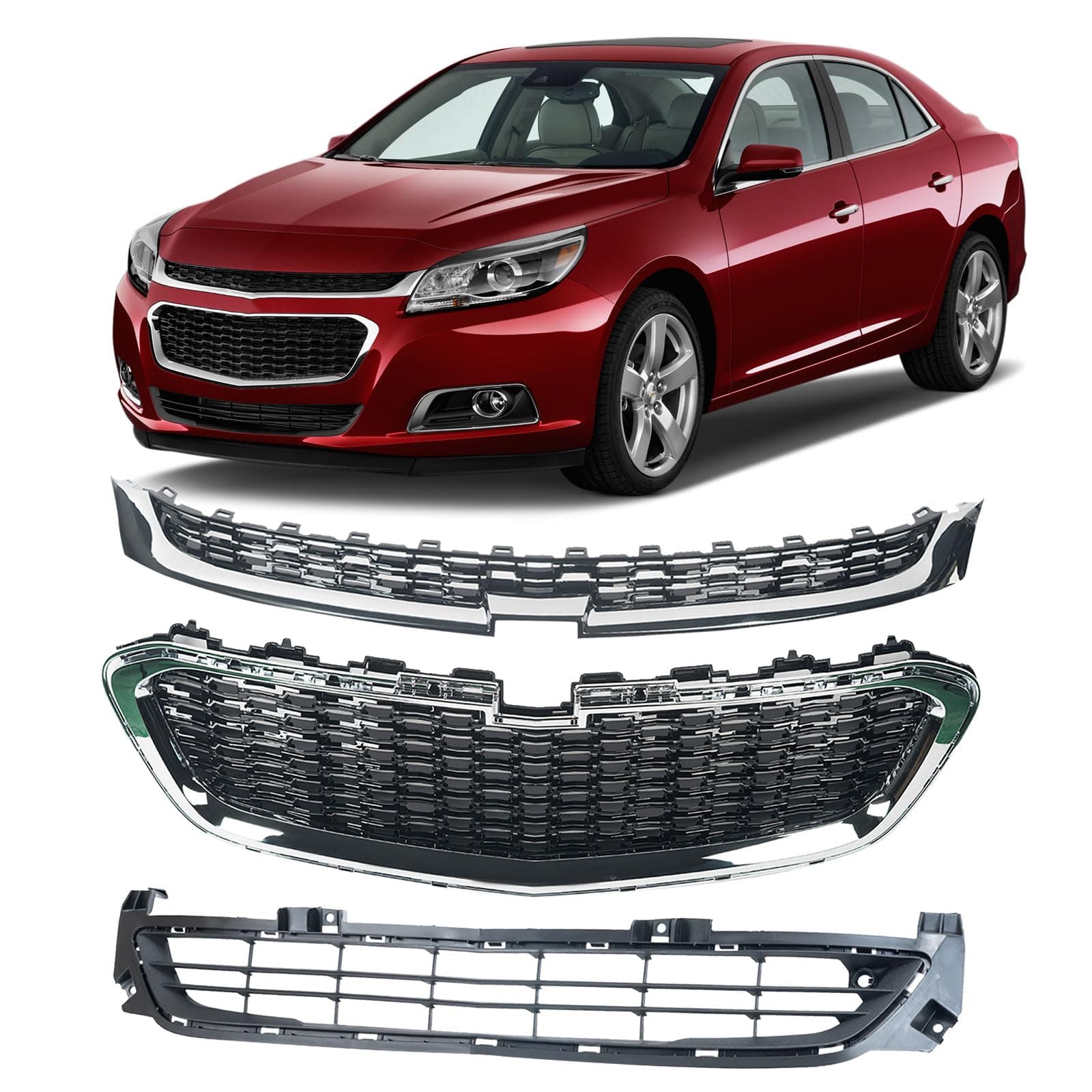 3pcs Front Upper + Center + Lower Grille Grill Compatible With 2014-2016 Chevrolet Malibu GM1200675 GM1200682 GM1036160