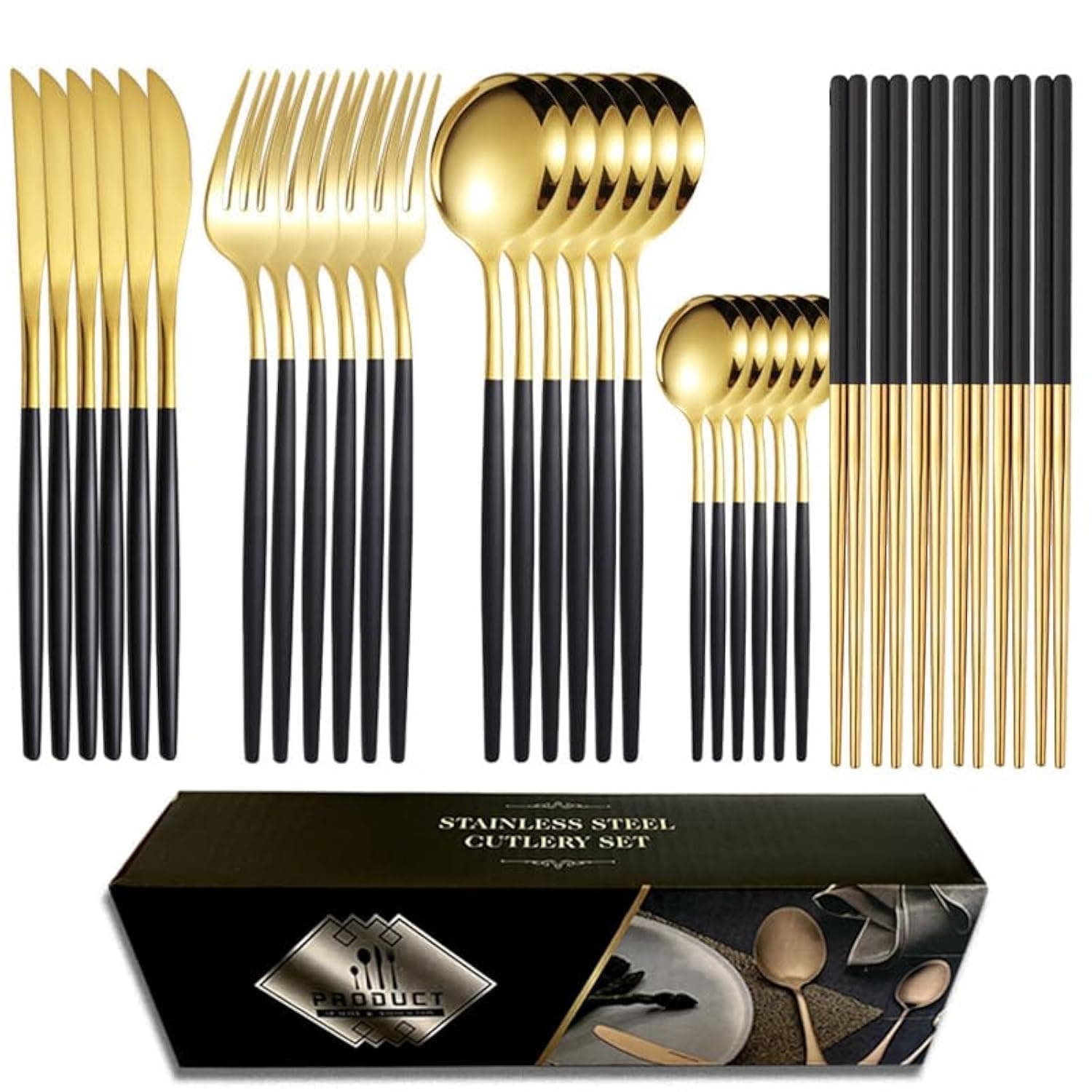 Dining Dinnerware Tableware Kitchen Set, 401 Stainless Steel,Stainless steel cutlery knife,Chopsticks fork and spoon set 30-piece cutlery set 6 people gift box with (Black gold)