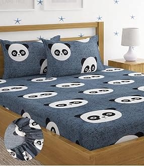 Home Sizzler 144 TC Microfibre Kid's Panda Elastic Fitted Double Bedsheet (72X78 inch) with 2 King Size Pillow Covers