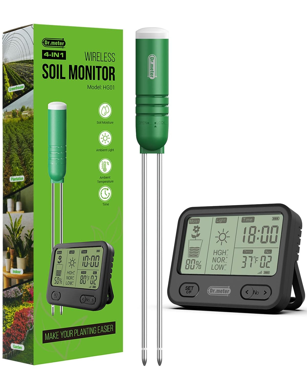4-in-1 Soil Moisture Meter, 300ft Wireless Soil Tester Sensor, Temperature/Light/Time/Soil Hygrometer Monitor with Digital LCD Display for Indoor Outdoor Plants, Garden, Lawn, Gardening Gifts