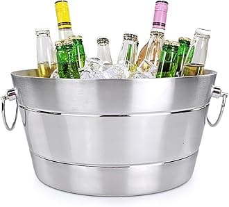 Stainless Steel Ice Bucket for Parties, Double Wall Insulated Anchored Brushed Drink Tub & Wine Bucket with Double Hinged Handles, Drink Chiller for Parties, 12QT (3 Gallon), 100% Leak Proof