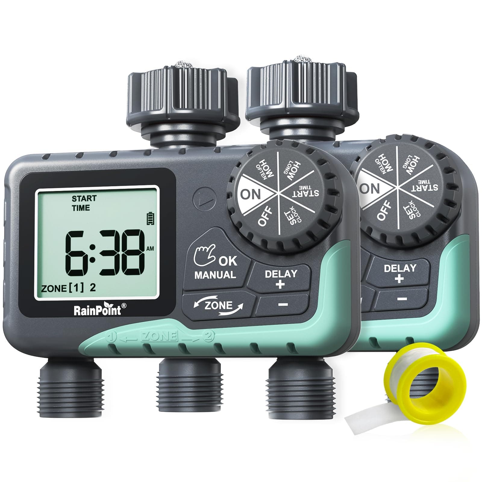 RAINPOINT 2 Zone Sprinkler Timer - 2pcs Water Timer for Garden Hose with Rain Delay/Manual Watering/Automatic Irrigation for Yard Lawn