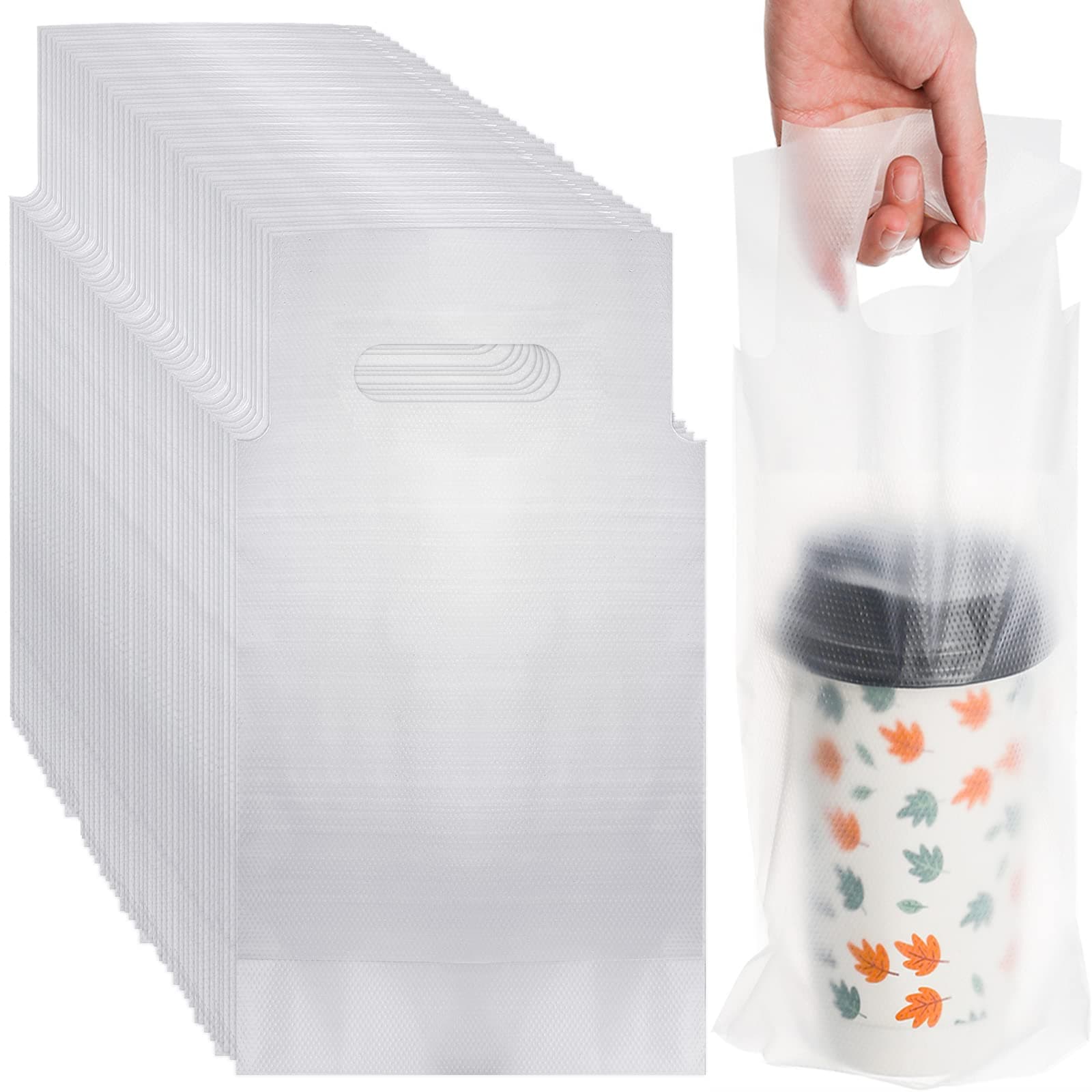 DEAYOU 500 PCS Handle Drinking Poly Bags, Clear Drink Plastic Packaging Bag for Delivery, Beverage Single Cup Carrier, Hanging Hole Liquid Pouches for Take Out, Coffee, Juice, Stores, 6" L x 11" H