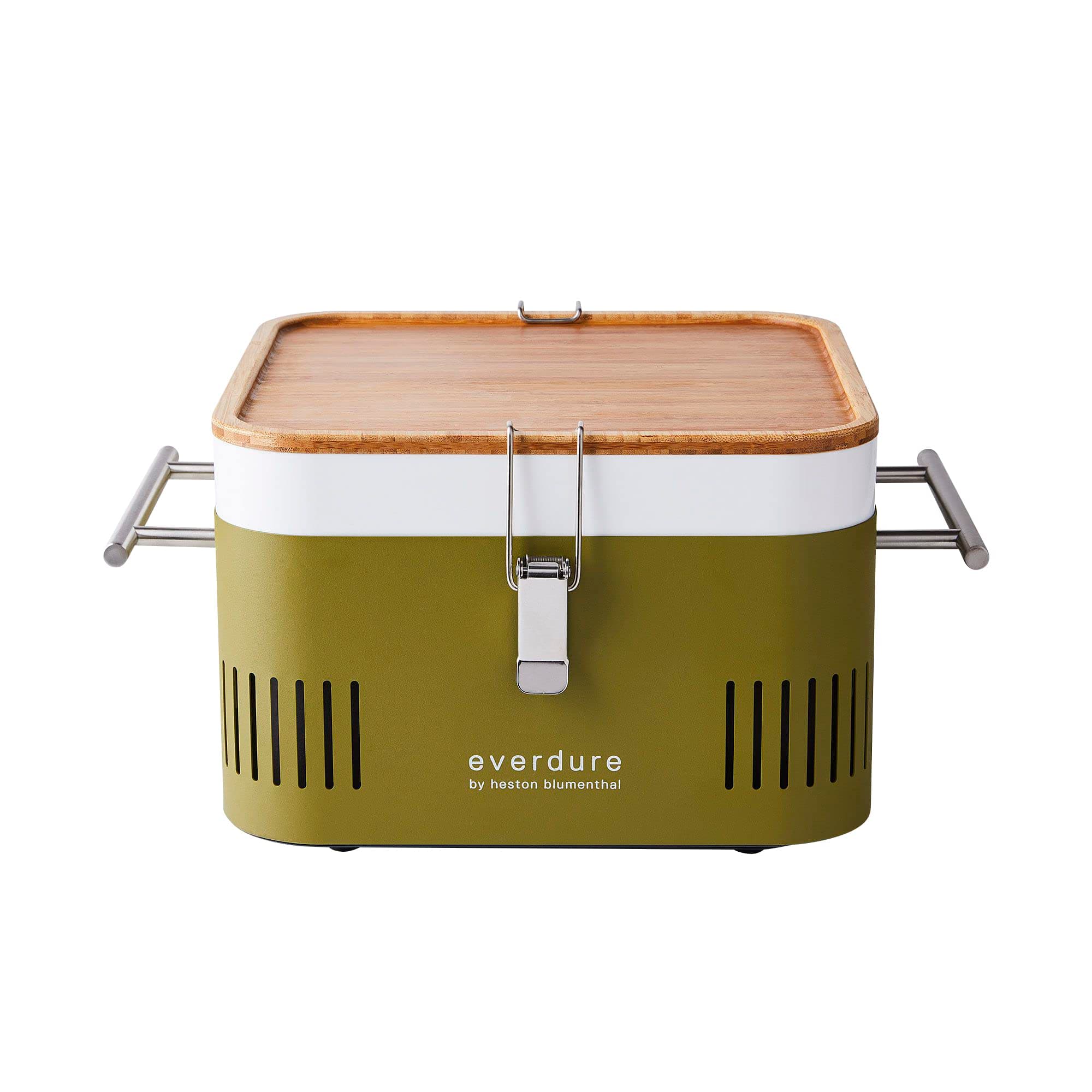 Everdure CUBE Portable Charcoal Grill, Tabletop BBQ, Perfect Tailgate, Beach, Patio, or Camping Grill, Lightweight & Compact Small Grill with Preparation Board & Food Storage Tray, Khaki
