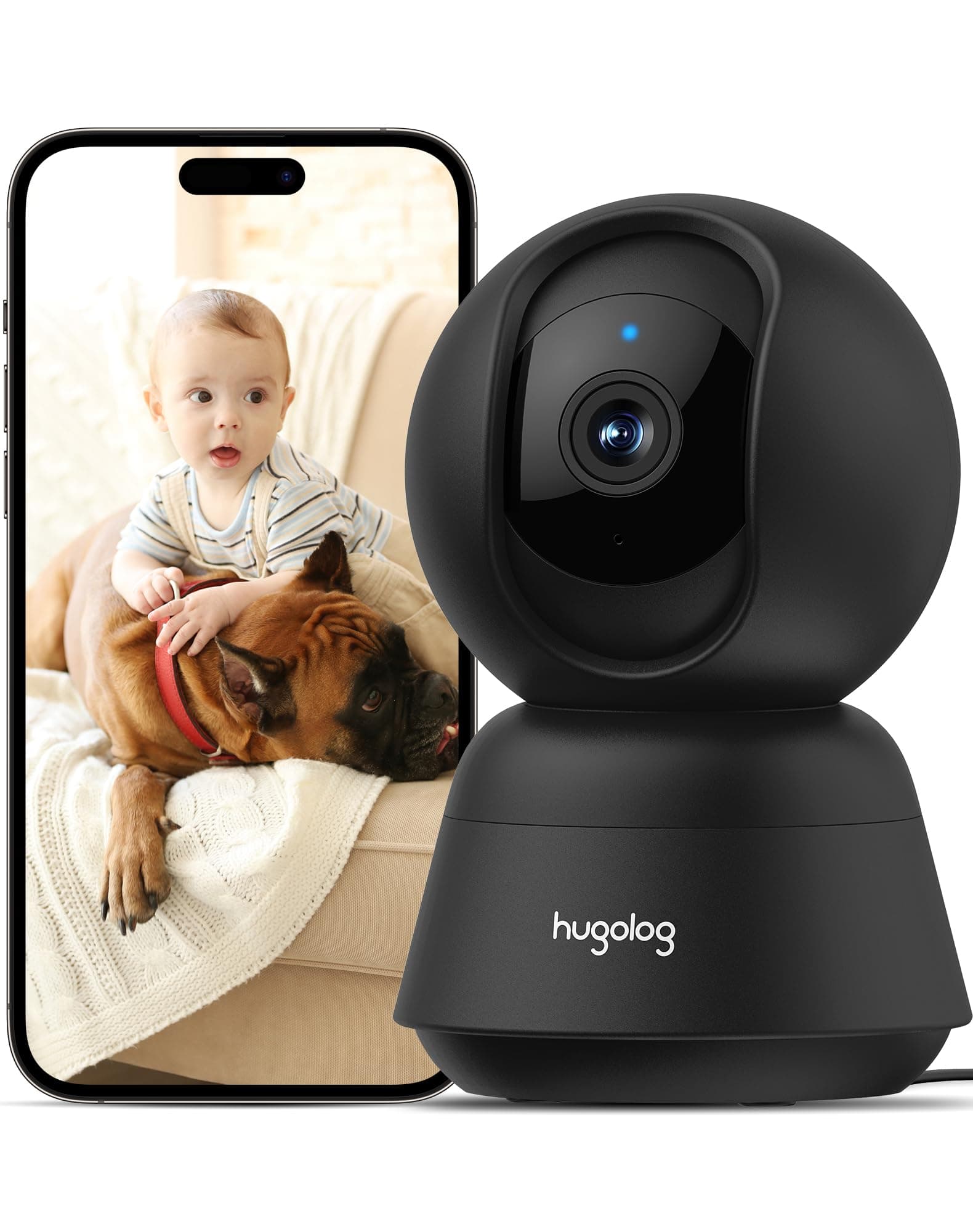 Hugolog 2K 3MP Indoor Pan/Tilt Security Camera with Auto-Focus,Ideal for Baby Monitor/Pet Camera/Home Security,Starlight Color Night Vision,Human/Pet AI,US Cloud,Compatible with Alexa