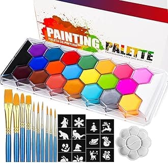 22 Colors Face & Body Paint Palette Kit，Halloween Makeup Kit, face painting kit professional，with 10 Brushes+30 pcs Stickers，Ideal for Halloween Cosplay Party SFX Arty Stage Makeup(22-Colors)
