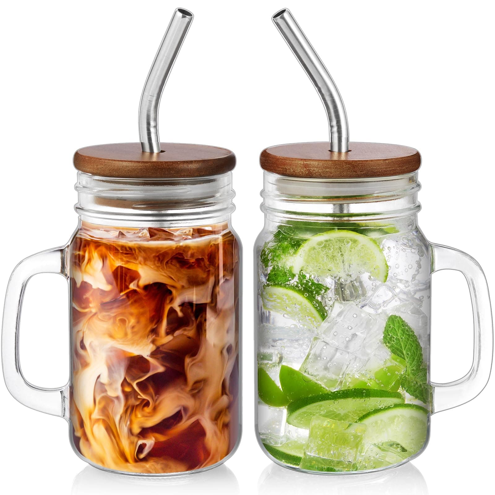DRASTAR Iced Coffee Cup, 16 oz Mason Jar Cups with Handle, Small Glass Coffee Mugs with Straws and Acacia Lids, Drinking Glass Cups Set of 2, Smoothie, Overnight Oats Containers