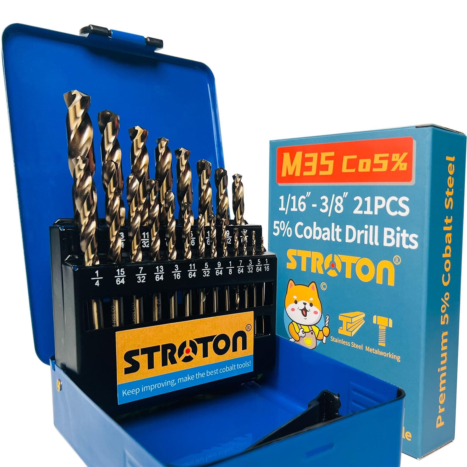 5% Cobalt Drill Bit Set (1/16-3/8 Inch, 21PCS) for Stainless Steel, Hard Metal, Cast Iron, Plastic and Wood, M35 Hss Heavy Duty Twist Steel Drill Bits Index.