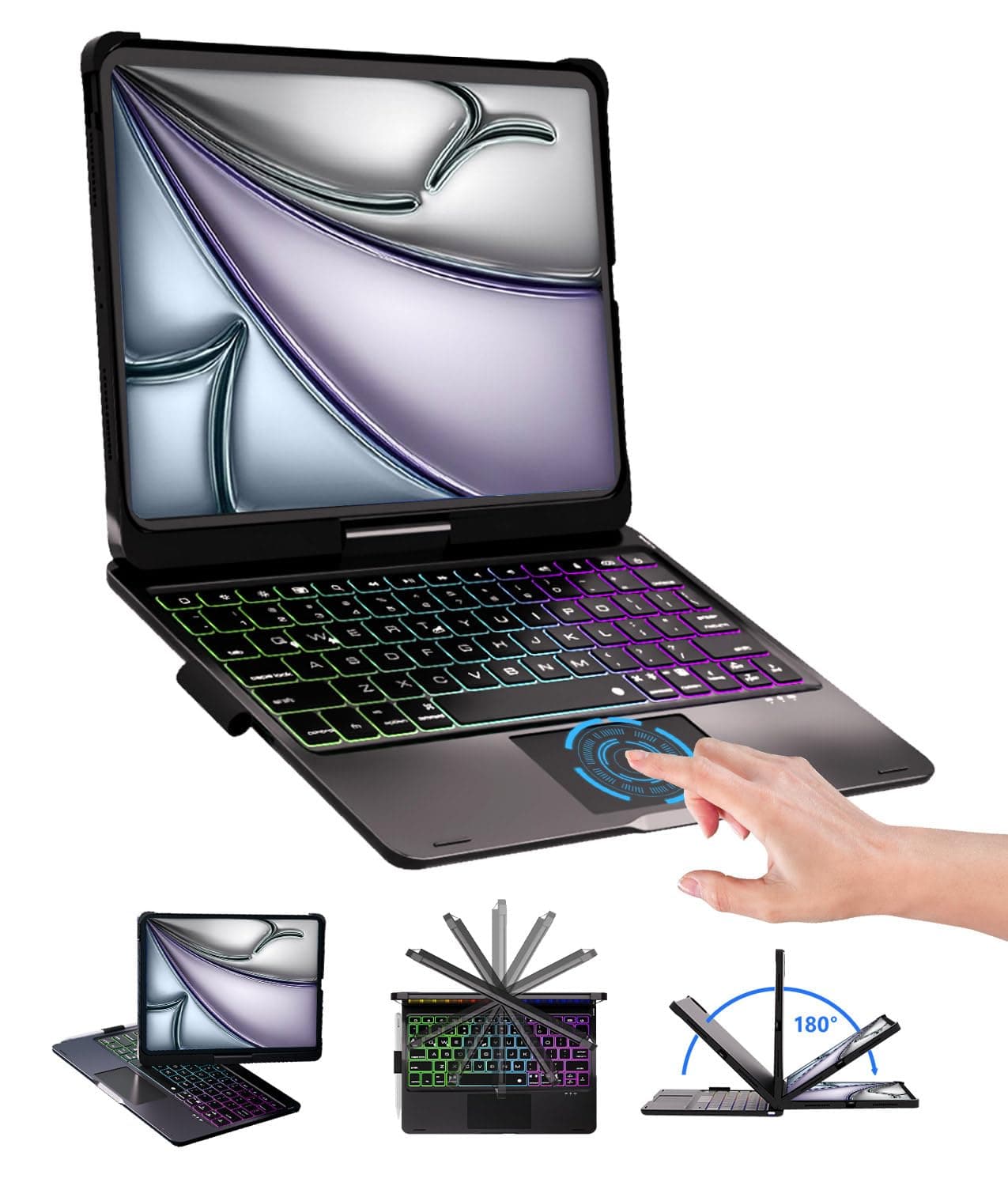BABG for iPad 10th 11th (A16) Case with Keyboard&iPad Air 11(M4,M3,M2),360°Swivel,7 Use Modes,Rainbow Backlight Keyboard for iPad Pro 11(1st/2nd/3rd/4th Gen)&iPad Air 5th/Air 4th-Space Black