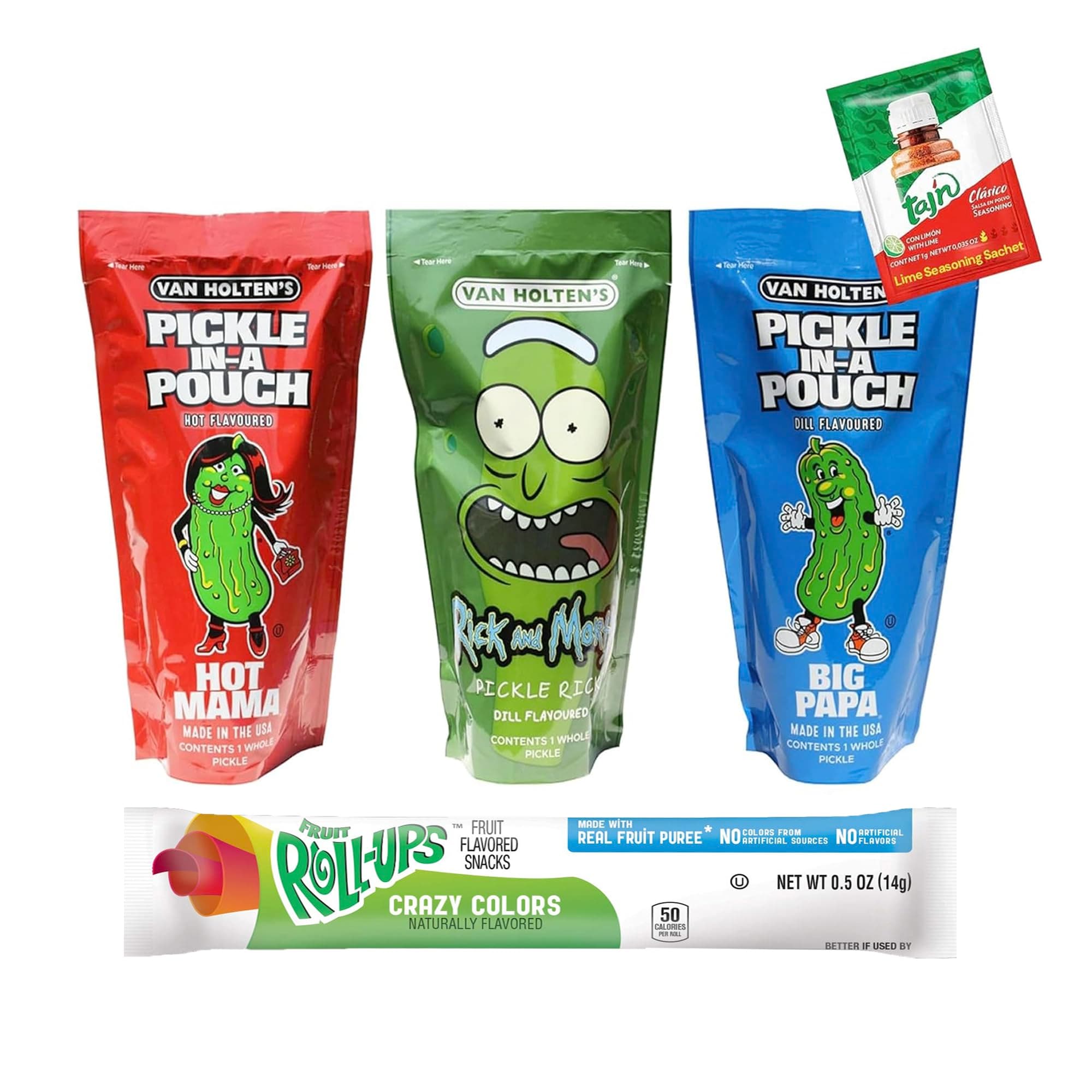 Van Holtens Pickle In A Pouch Assorted Pack (Pickle Rick, Hot Mama, Big Papa) - 306g with Fruit Roll & Lime Seasoning