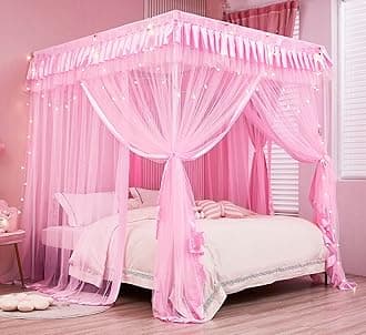 Mengersi Bed Canopy for Girls,Canopy Bed Curtains Canopy for Bed Drapes,Princess Bed Curtains Birthday Present Girls Room Decor,Pink