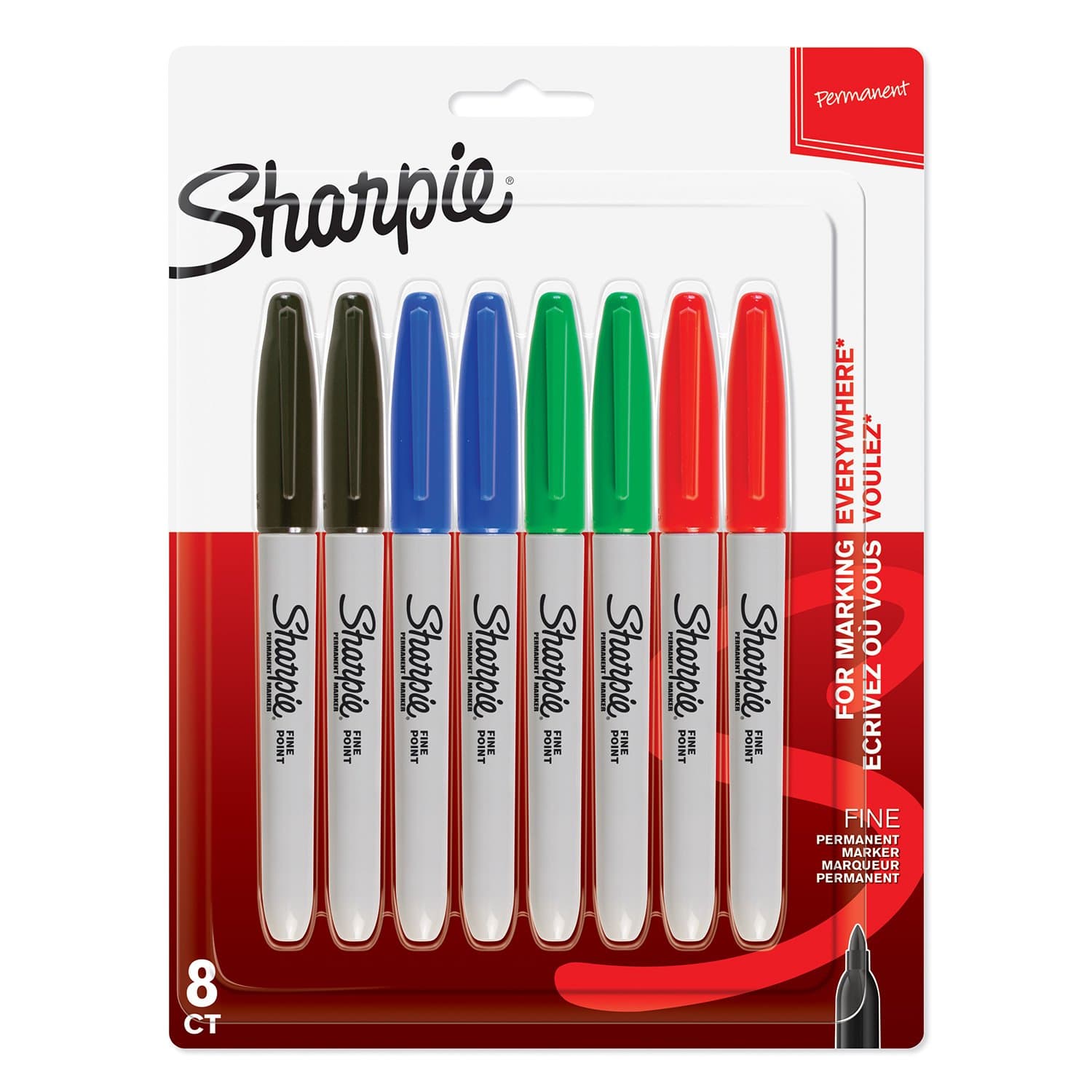 Sharpie Permanent Markers, Fine Tip, Assorted Standard Colours, 8 Pack