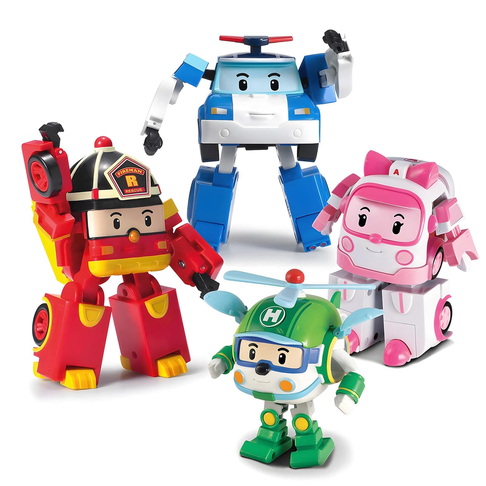 Robocar Poli [4 Pack] Poli + Amber + Roy + Helly Transforming Robot Toys, 4" Tramsformable Action Figure Toy