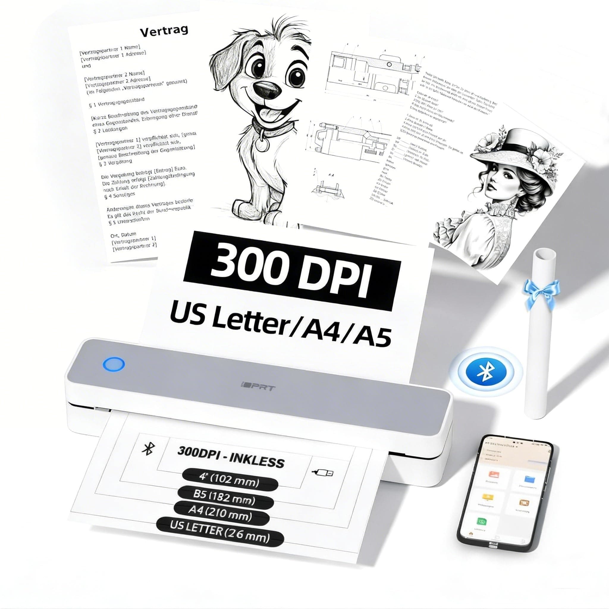 Portable Thermal Printer,Wireless Bluetooth Inkless Printer for Travel Support 8.5" X 11" US Letter& A4&A5 Thermal Paper, Compatible with Android and iOS Phone&Laptop