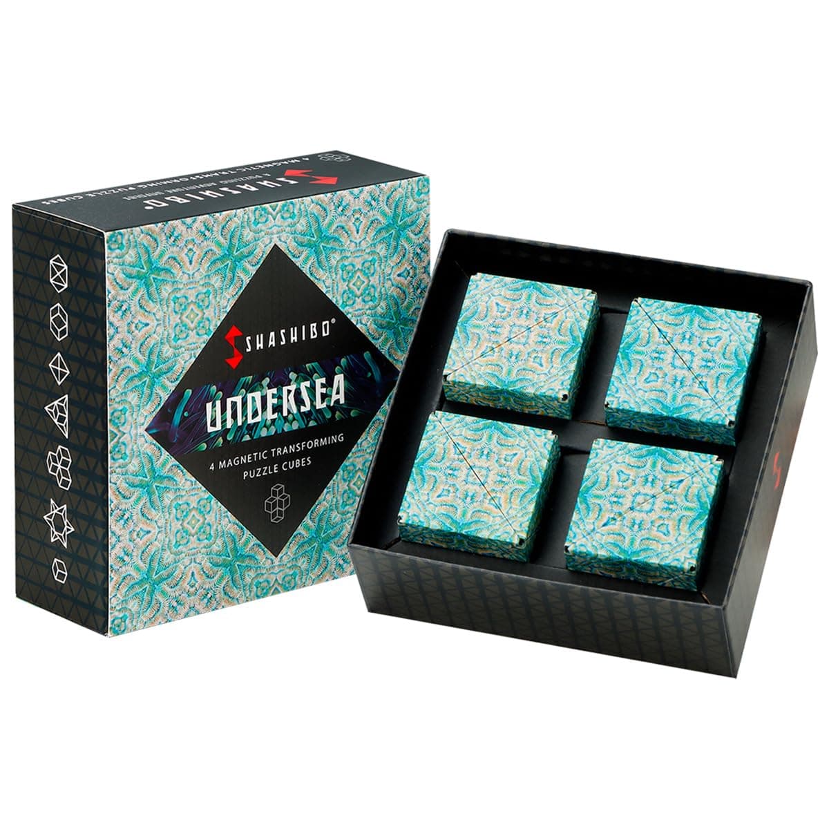 SHASHIBO Fidget Cube 4 Pack in Gift Box Award Winning Patented 36 Rare Earth Magnets 3D Magic Cube Shashibo Cube Magnetic Fidget Toy Transformation Over 70 Shapes (Subsea - Explorer Series)