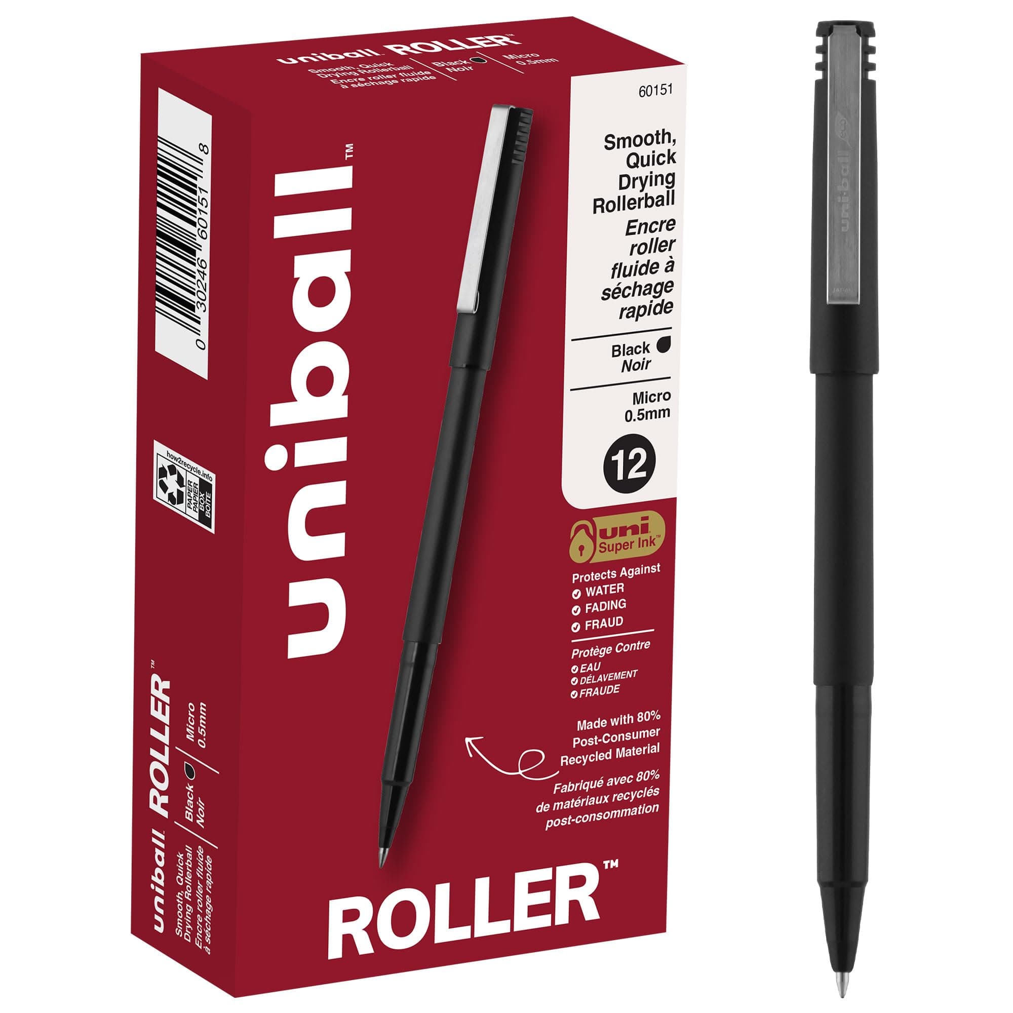 uni-ball Roller Pens, Micro Point (0.5mm), Black, 12 Count