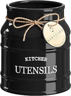 Barnyard Designs Ceramic Farmhouse Utensil Holder for Kitchen Counter, Large Rustic Utensil Crock, Countertop Cooking Tool Spatula Organizer, 6.75” (Black)