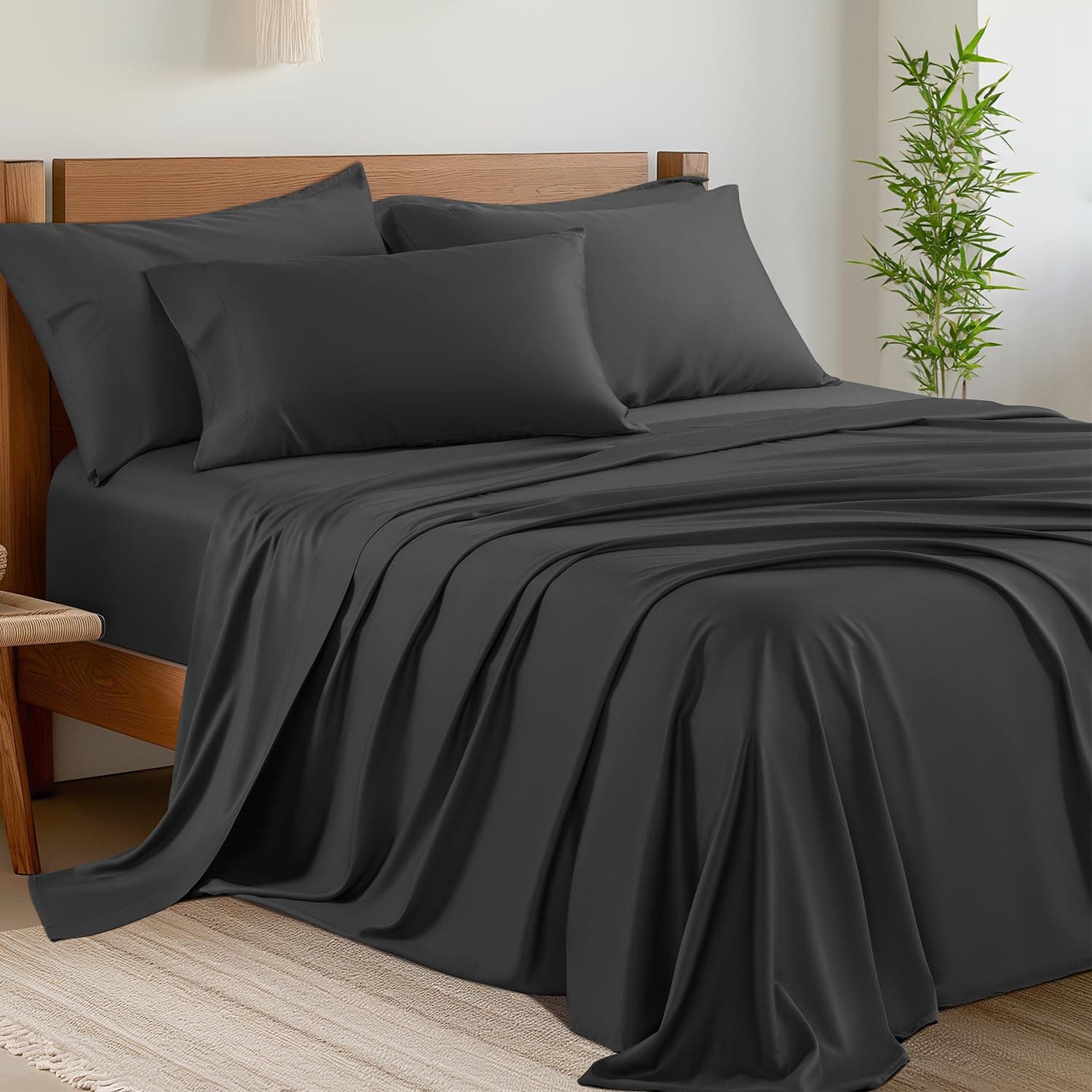 Shilucheng 6 Piece King Sheet Sets, Cooling Sheets, Blend Rayon Derived from Bamboo, Deep Pocket Up to 16", Breathable & Soft Bed Sheets, Hotel Silky Bedding Set, Black
