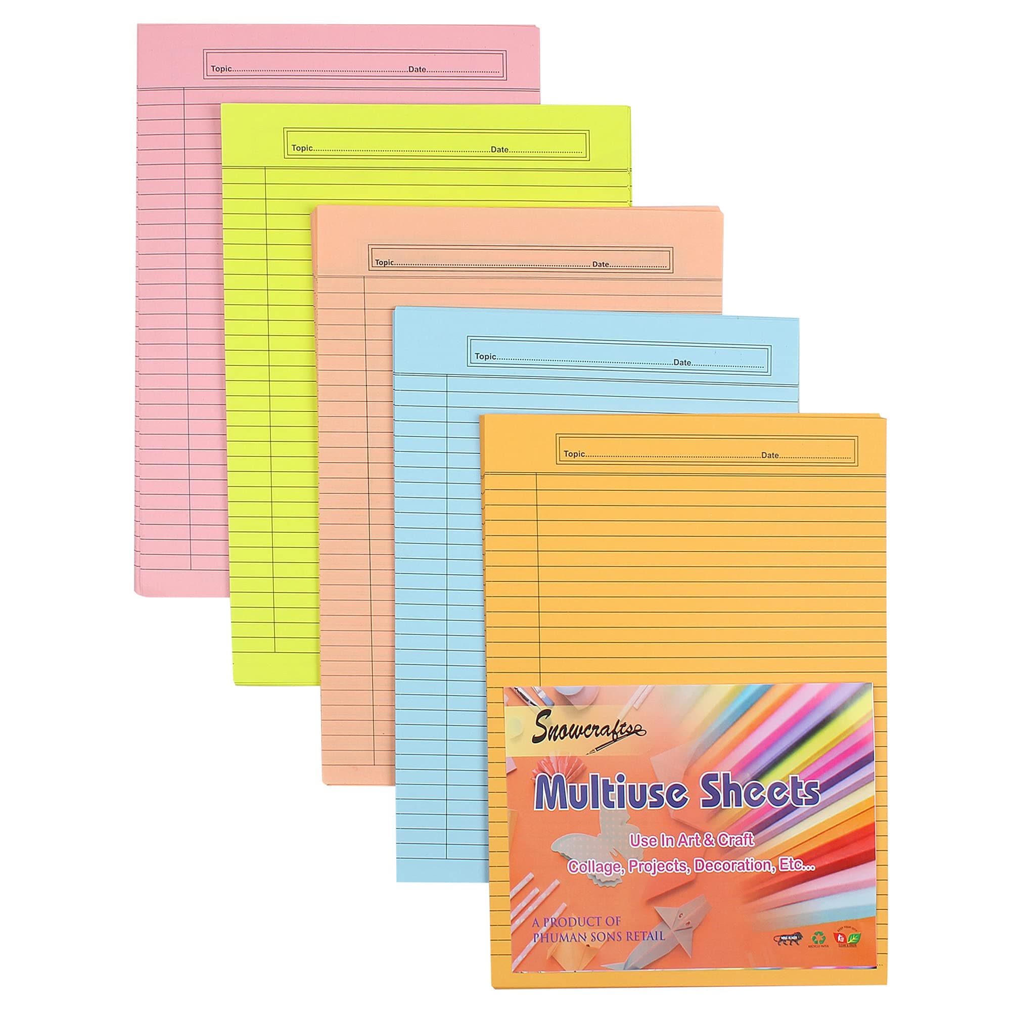 SNOW CRAFTS A4 Size One Side Ruled Coloured THICK Sheets for Project/Assignment/Practical/Homework 120-170 GSM. (100)