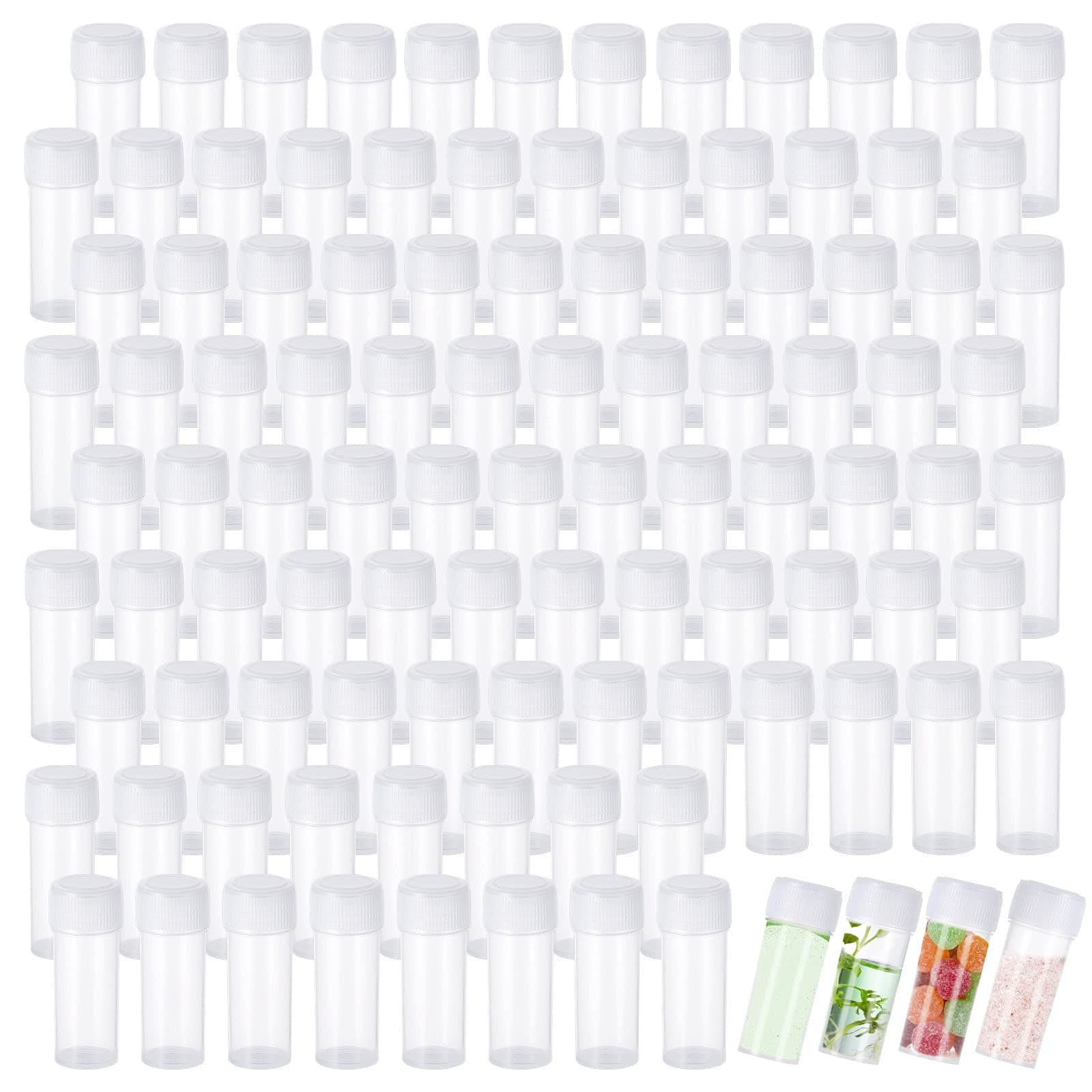 100 Pieces 5ml Plastic Sample Bottles Small Vial Storage Test Tube Storage Container with Lids for Liquid Powder Capsule